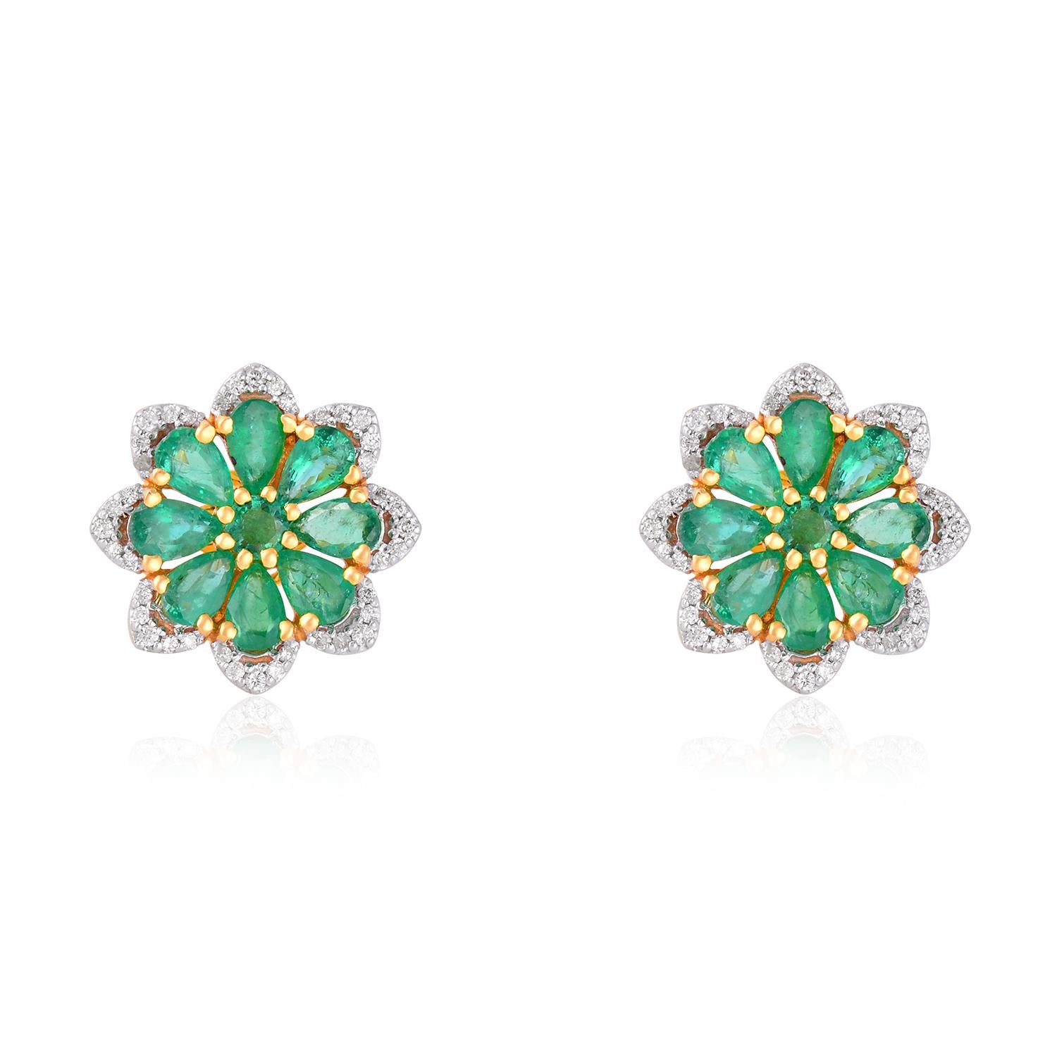 These earrings are made with emerald gemstones and diamond pave. They are set in 14K gold. Shine all day long in this delicate pair of stud earrings. Perfect for gifting, they twinkle with timeless elegance. Easy to mix and match with other
