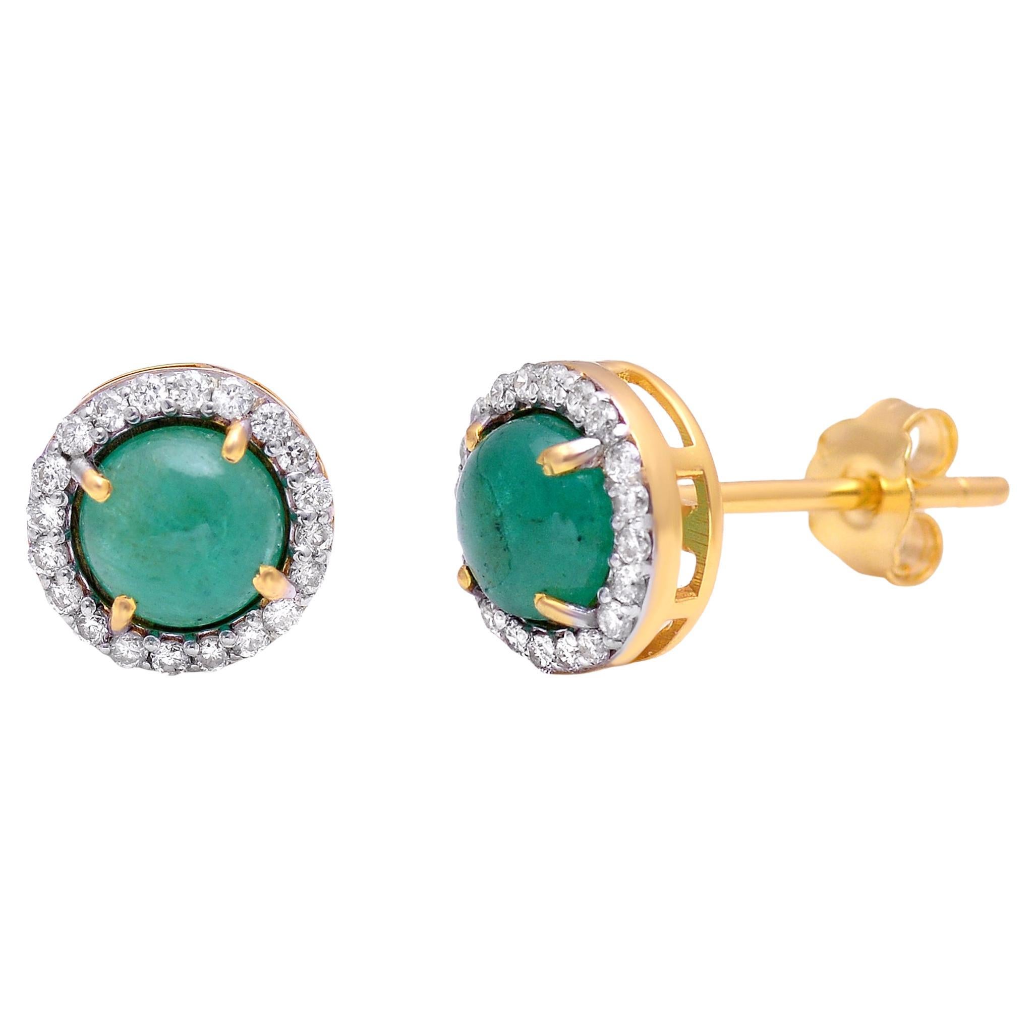 Emerald Stud Earrings with Diamond in 14k Gold For Sale