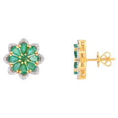 Emerald Stud Earrings with Diamond in 14k Gold