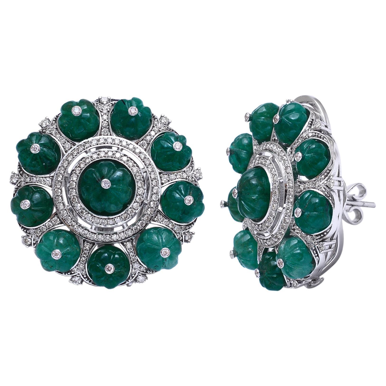 Emerald Stud Earrings with Diamond in 14k Gold For Sale