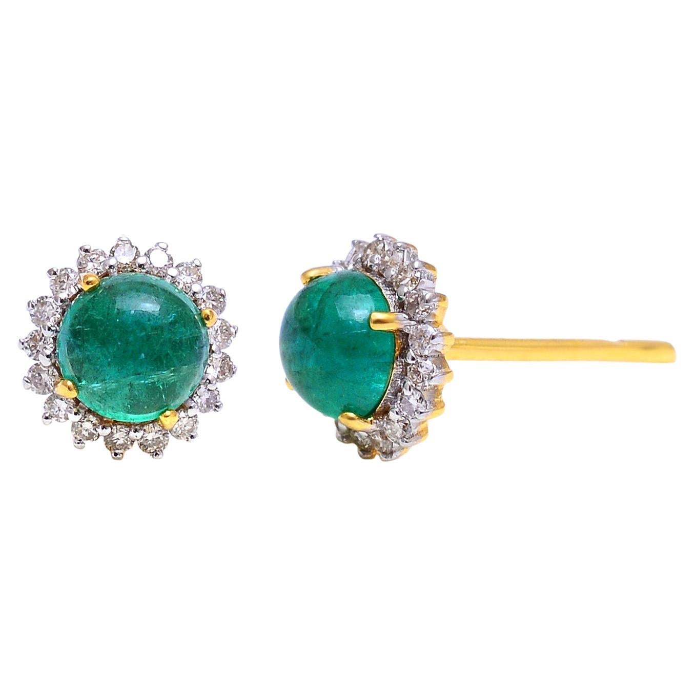 Emerald Stud Earrings with Diamond in 14k Gold For Sale