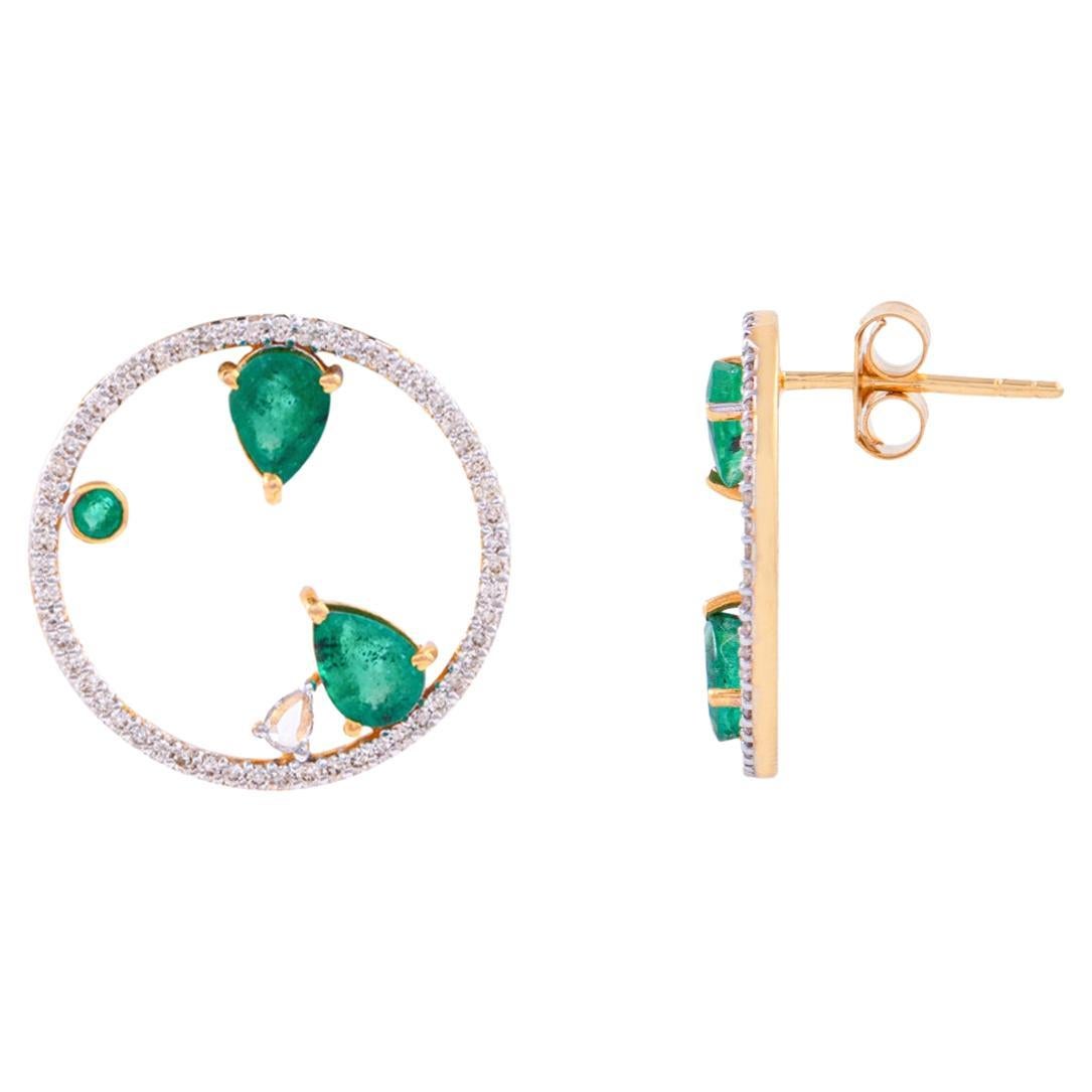 Emerald Stud Earrings with Diamond in 14karat Gold For Sale
