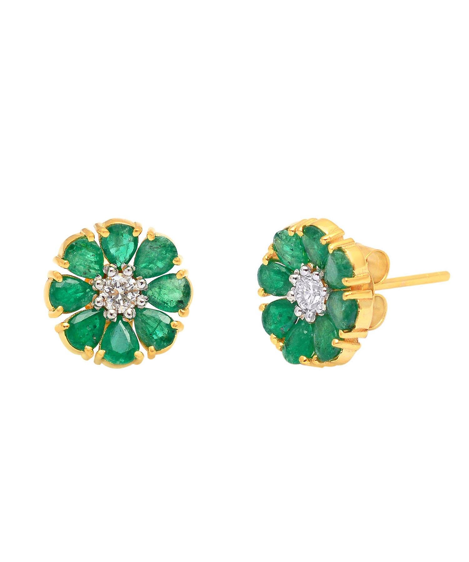 Wear your love for spring with these dainty floral motif stud earrings. Consisting of brilliant cut diamonds, 18K yellow gold, and emerald earrings, this piece can be worn anywhere, anytime, with any outfit. What will your pair yours with?

