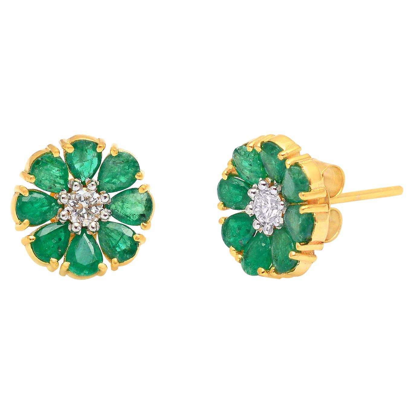 Emerald Stud Earrings with Diamond in 18k Gold