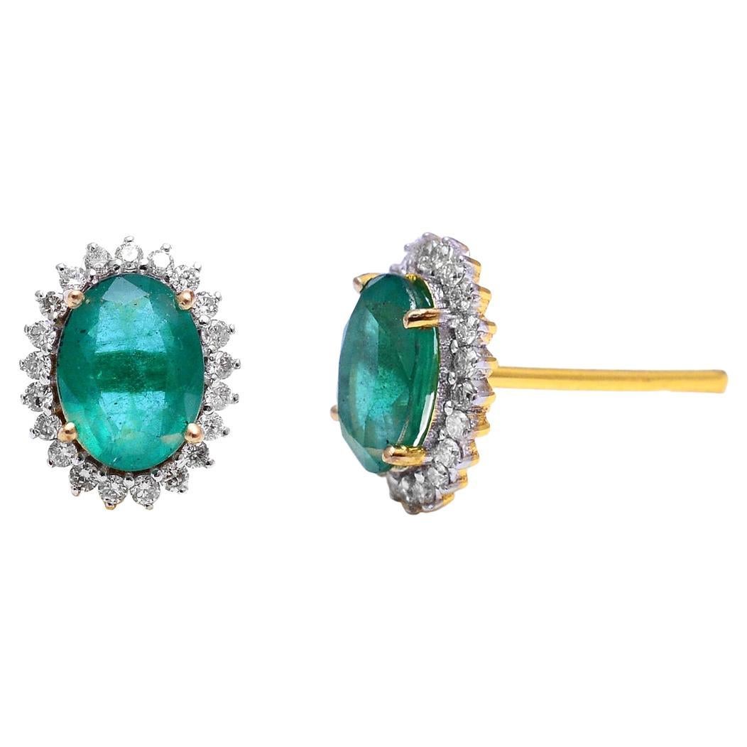 Emerald Stud Earrings with Diamond in 18karat Gold For Sale