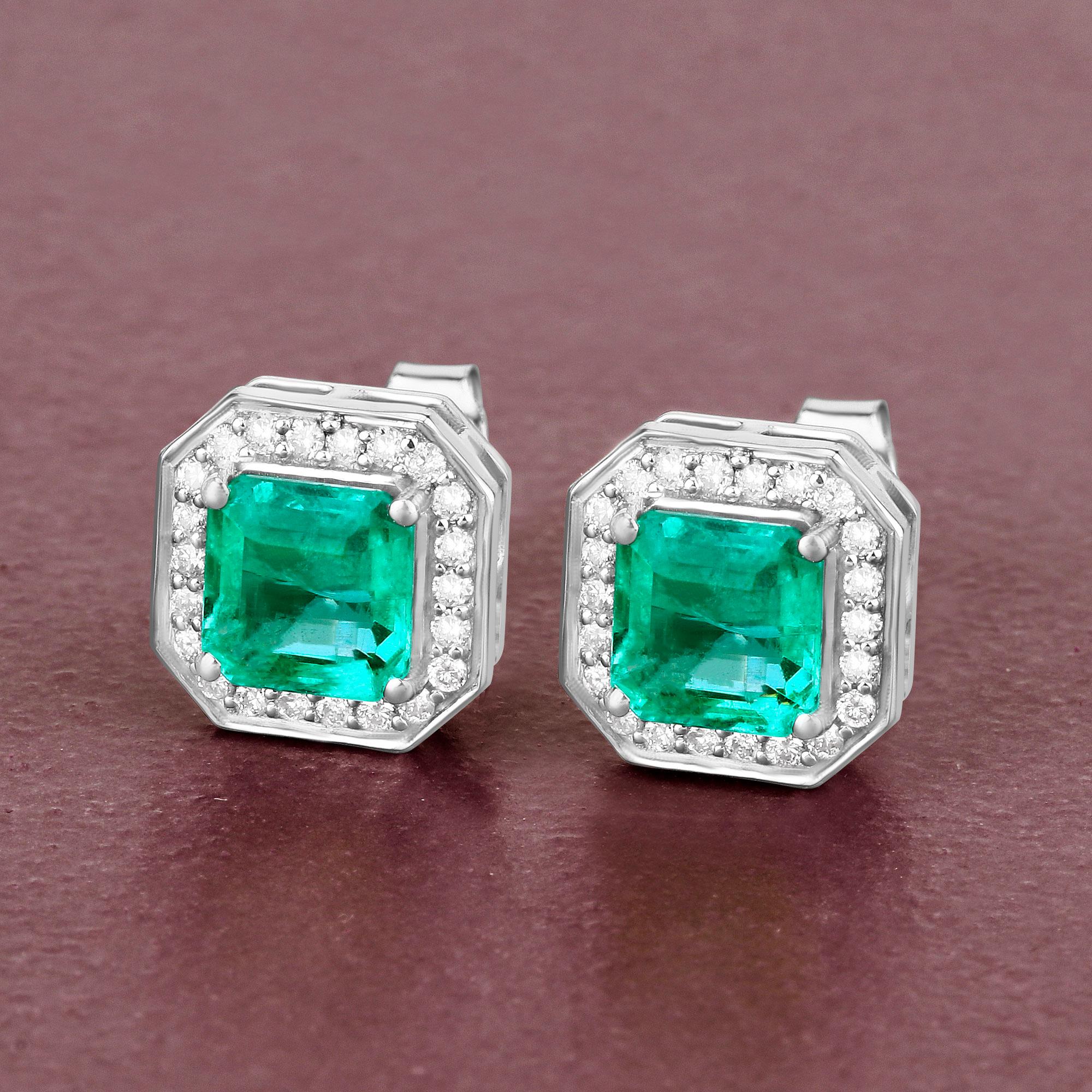 Octagon Cut Emerald Stud Earrings With Diamonds 1.90 Carats 14K White Gold For Sale