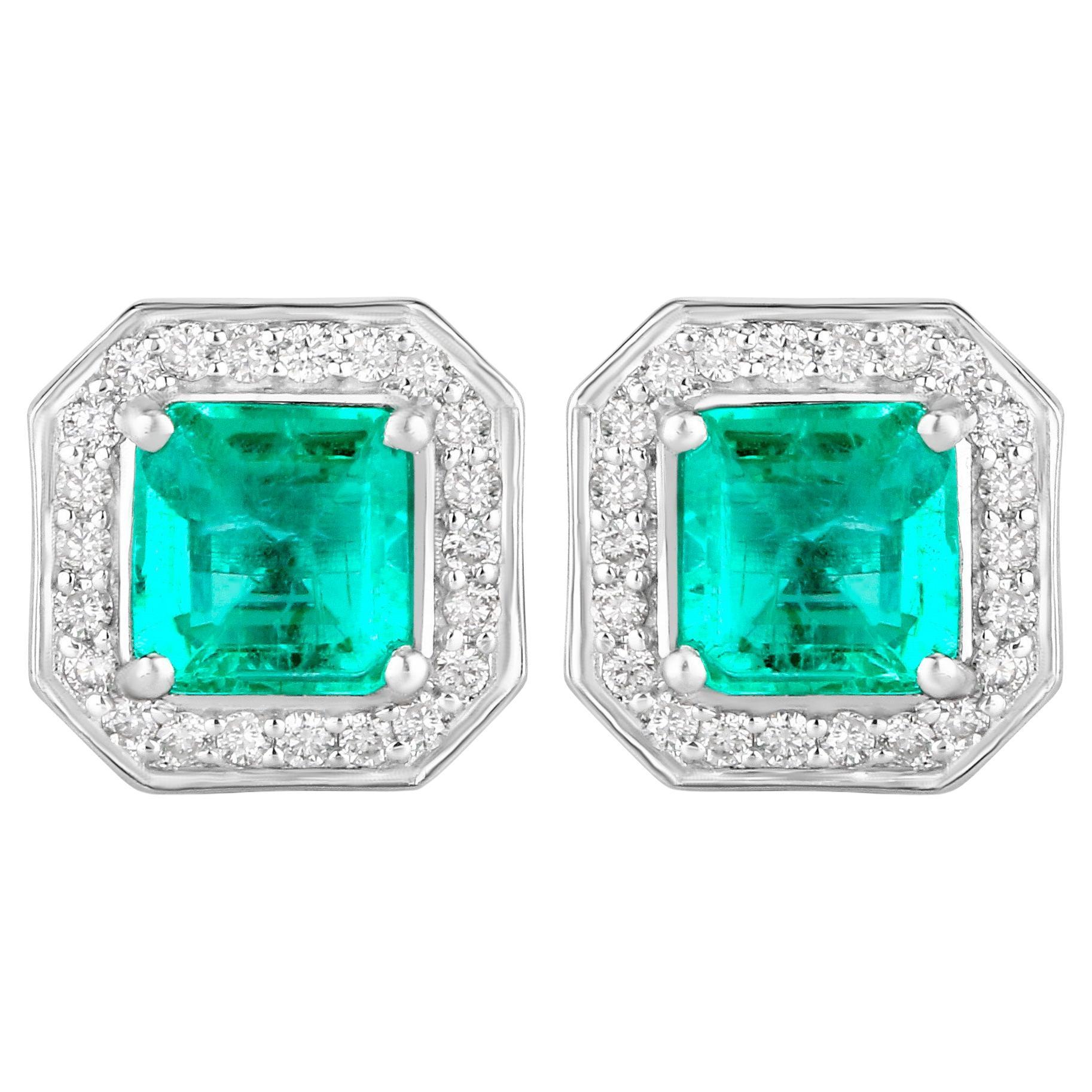 Emerald Stud Earrings With Diamonds 1.90 Carats 14K White Gold For Sale