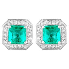 Emerald Stud Earrings With Diamonds 1.90 Carats 14K White Gold