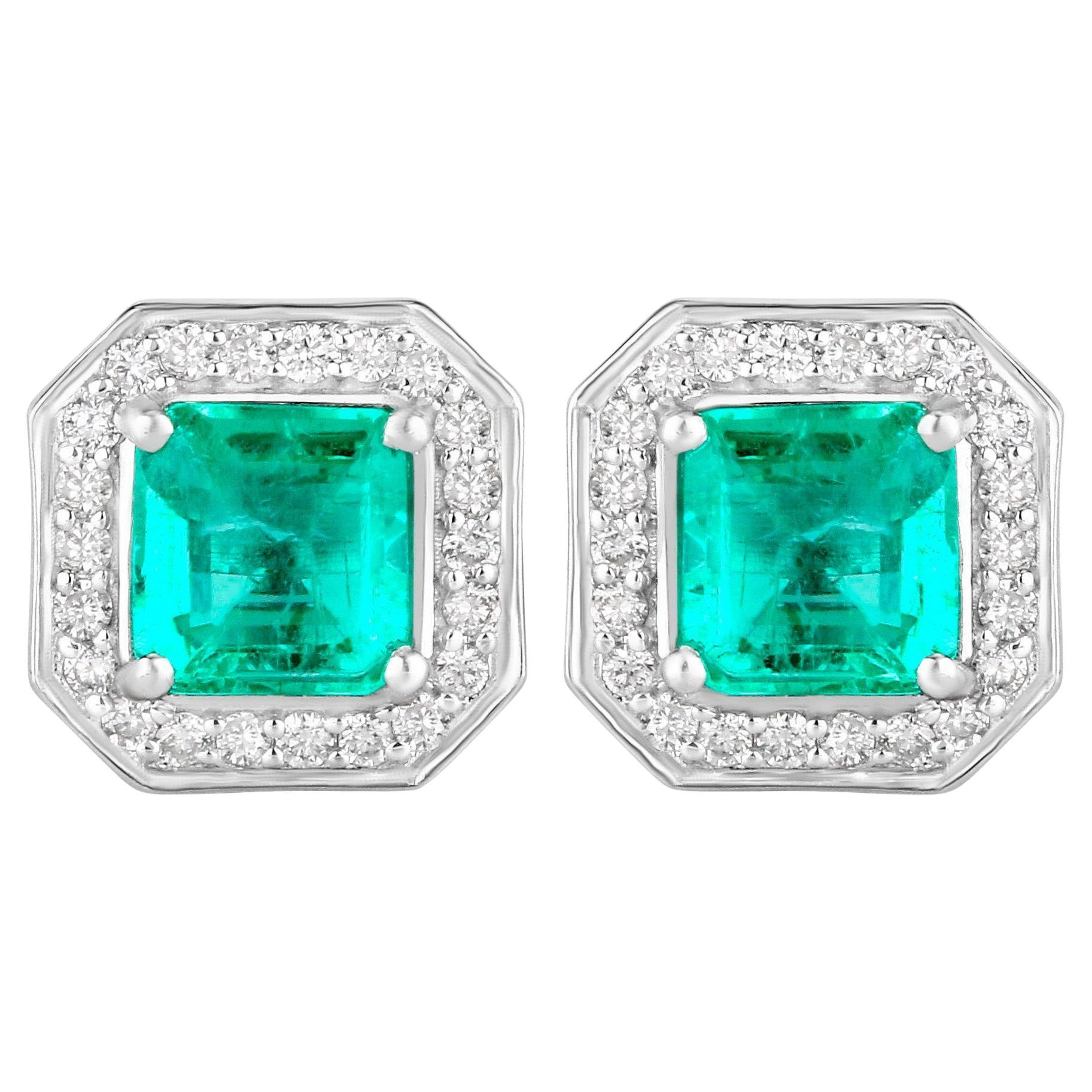 Emerald Stud Earrings With Diamonds 1.90 Carats 14K White Gold