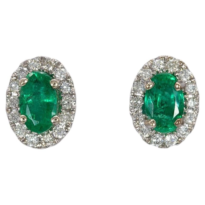 Emerald Stud Earrings with Earth-Mined Diamond Accents: Solid 14K Gold, 5x3mm For Sale