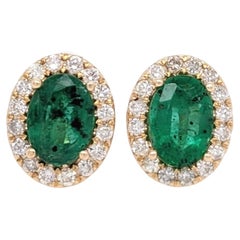 Emerald Stud Earrings with Earth Mined Diamonds Halo: Solid 14K Gold, Oval 7x5mm