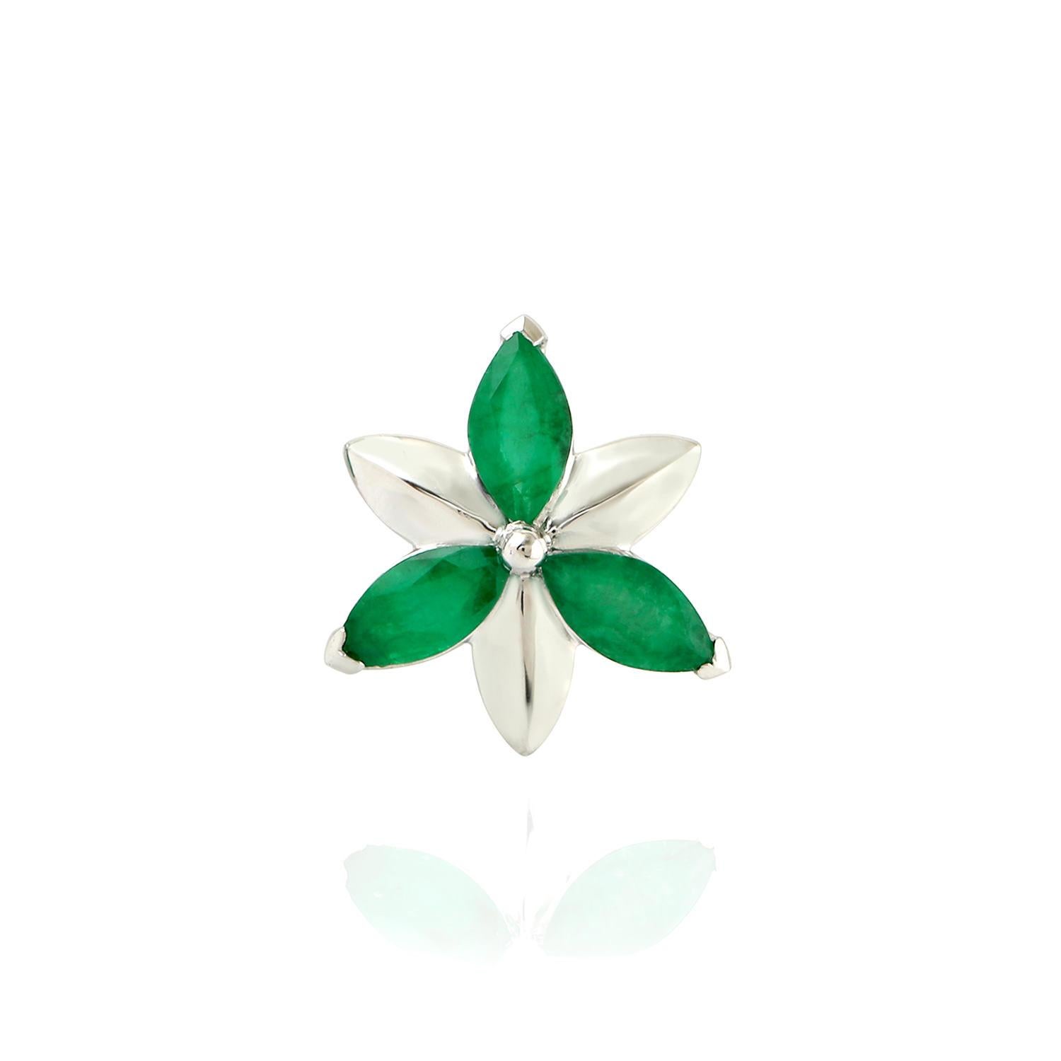 Marquise Cut Emerald Stud Flower Earrings 1.56 Carats 14K White Gold For Sale