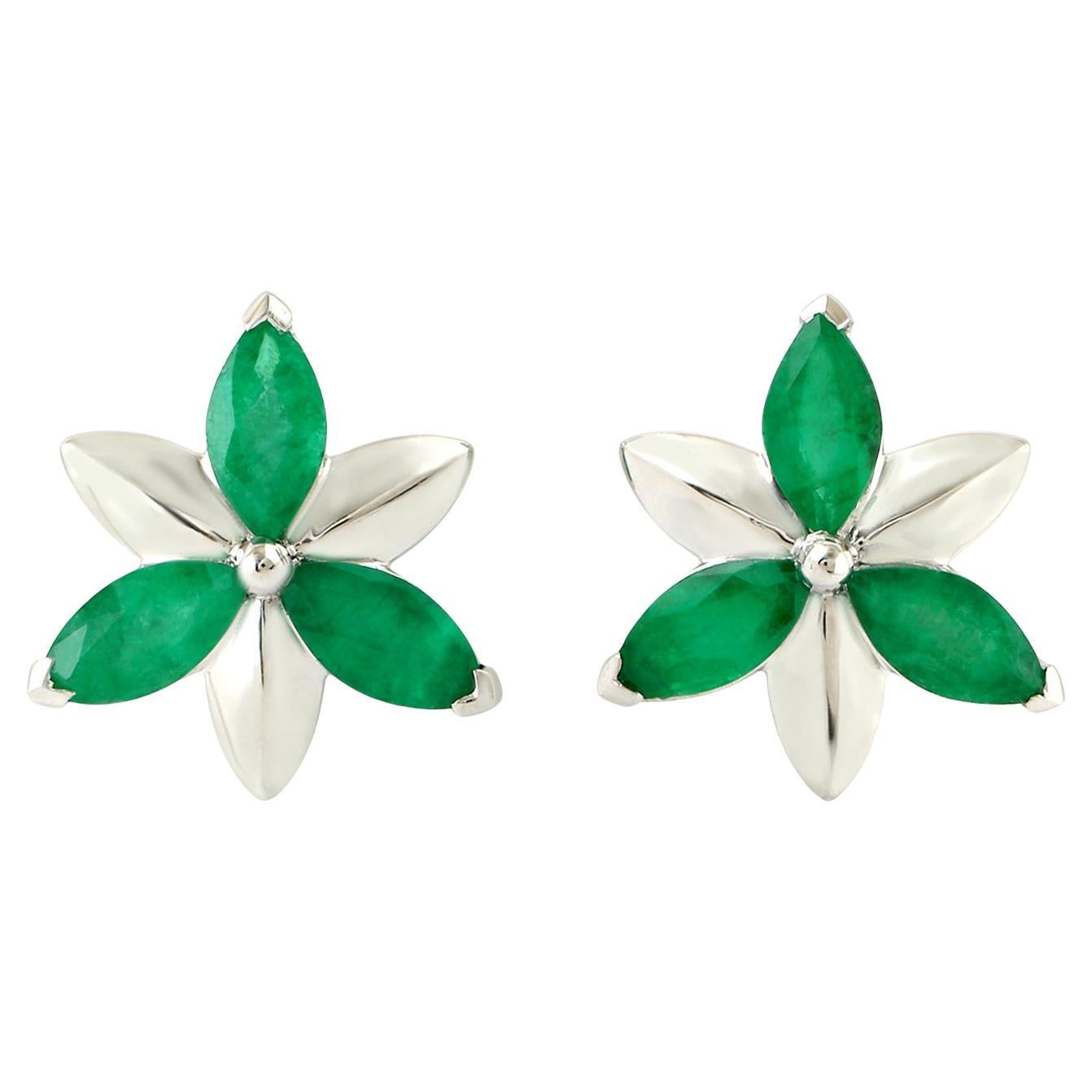 Emerald Stud Flower Earrings 1.56 Carats 14K White Gold