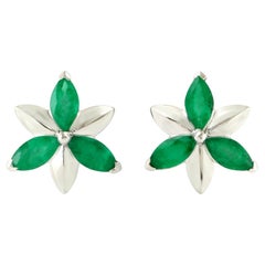 Emerald Stud Flower Earrings 1.56 Carats 14K White Gold