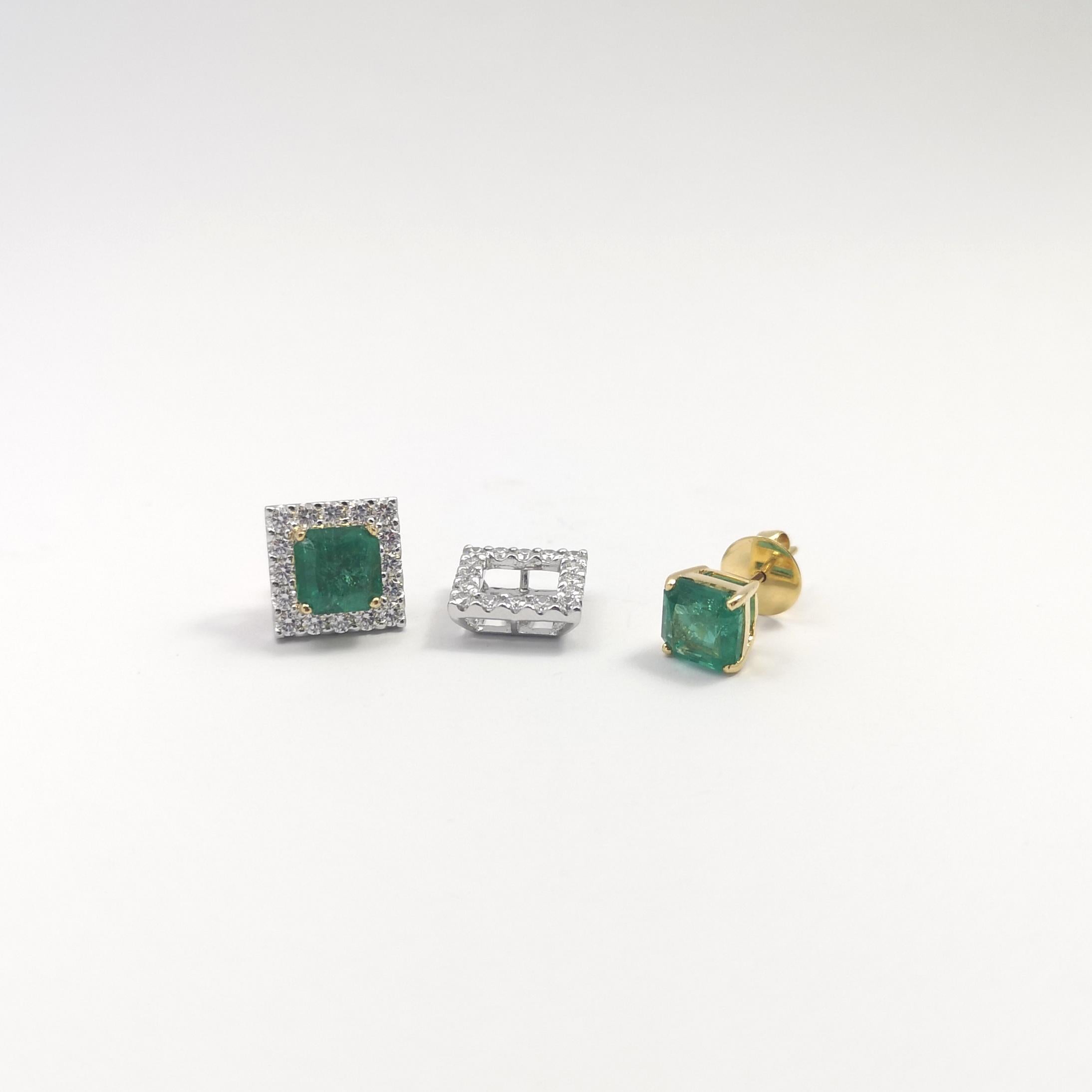 Orecchini a perno con smeraldo e diamante con montatura in oro 18 carati/oro bianco in vendita 3