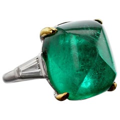 Emerald Sugarloaf and Diamond Gold Platinum Engagement Ring