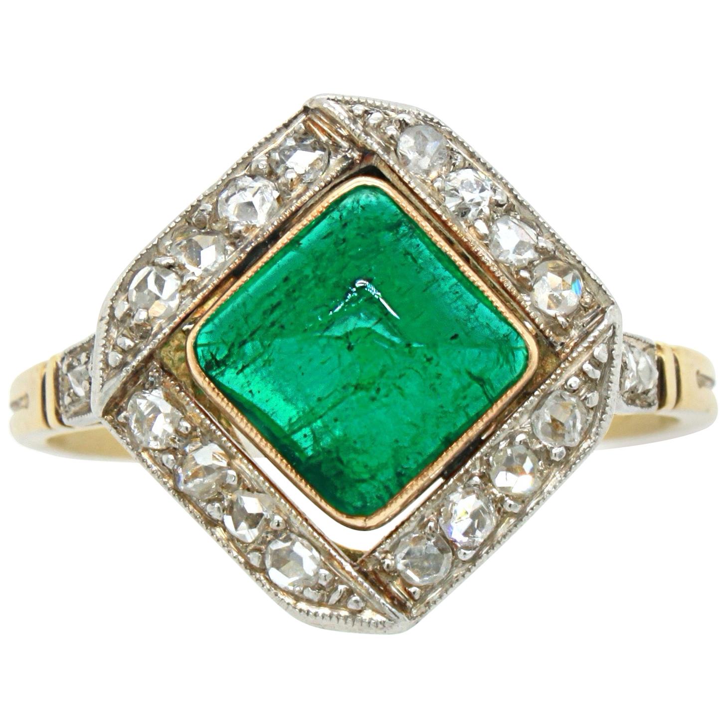 Emerald Sugarloaf and Diamond Ring, Edwardian, circa 1900s