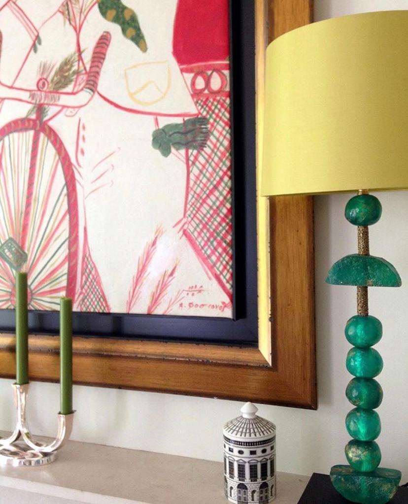 English Emerald Table Lamp by Margit Wittig in Brass with Green Spheres