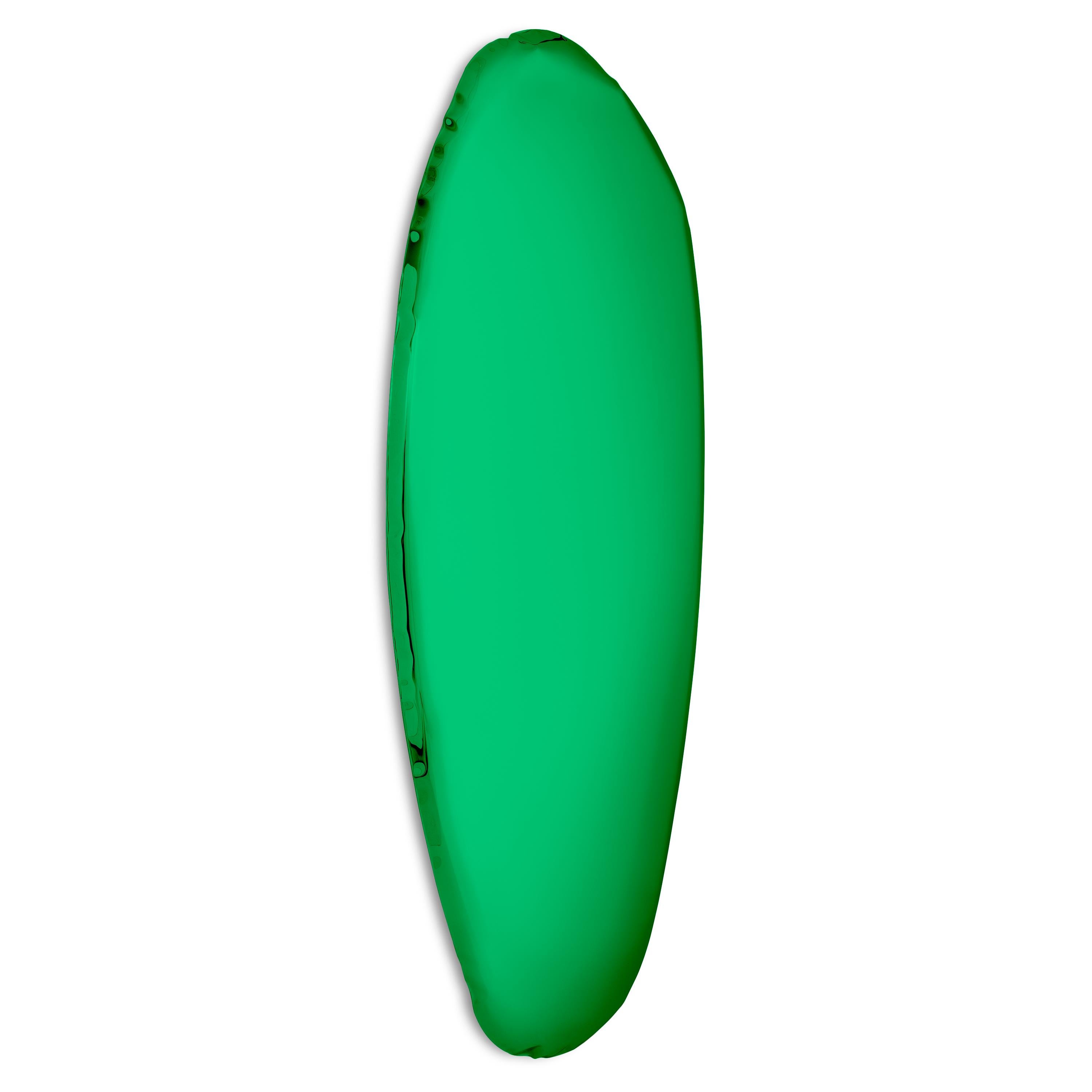Emerald Tafla O1 wall mirror by Zieta
Dimensions: D 6 x W 100 x H 225 cm 
Material: Stainless steel.
Finish: Emerald. 
Available finishes: Stainless Steel, White Matt, Sapphire/Emerald, Sapphire, Emerald, Deep space blue, Dark matter, or red Rubin.