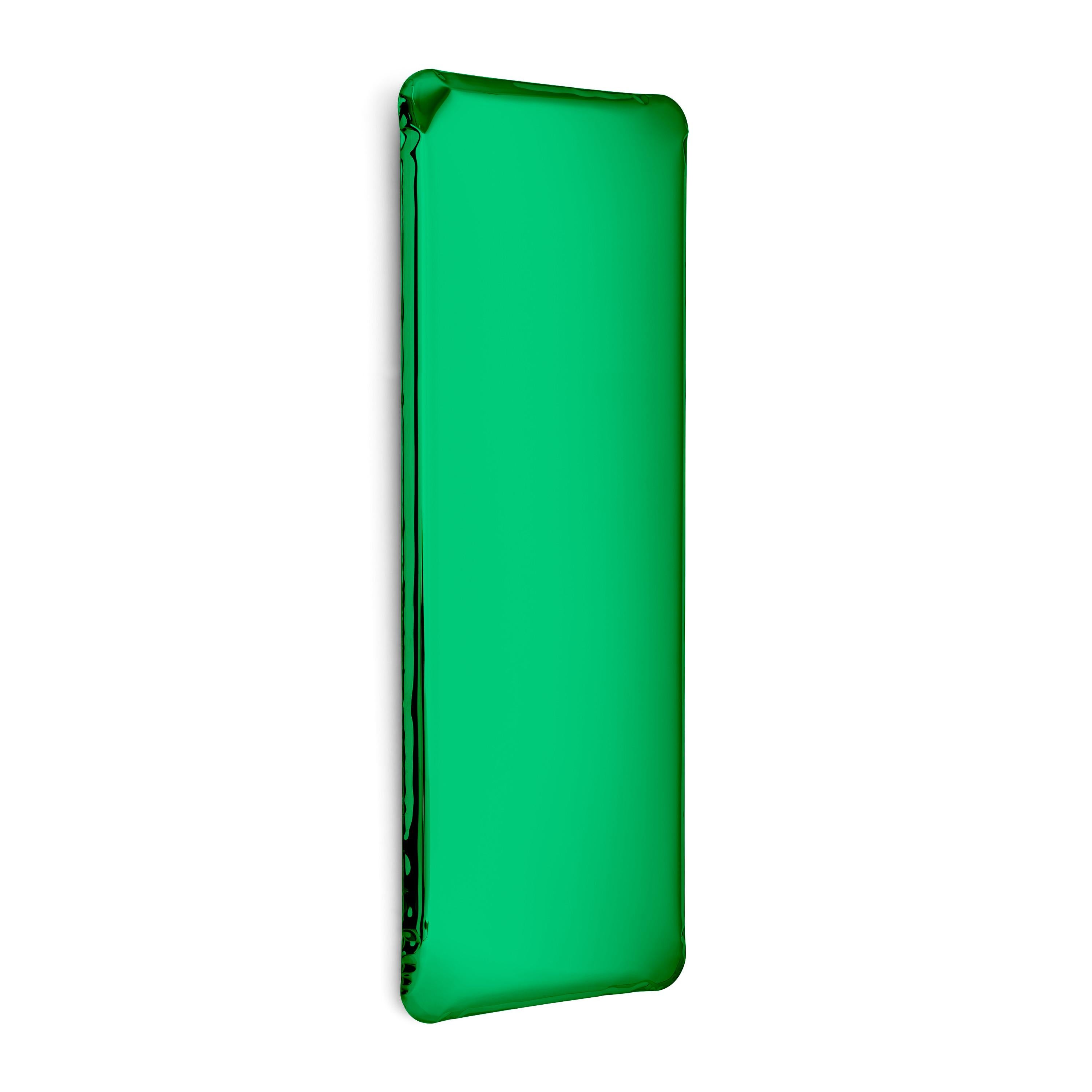 Emerald Tafla Q1 sculptural wall mirror by Zieta
Dimensions: D 6 x W 60 x H 180 cm 
Material: Stainless steel. 
Finish: Emerald.
Available in finishes: Stainless Steel, Deep Space Blue, Emerald, Saphire, Saphire/Emerald, Dark Matter, and Red Rubin.