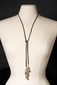 Emerald, Tahitian Pearl, Jade, Diamond and 18K Gold Leather Lariat Necklace