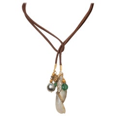 Used Emerald, Tahitian Pearl, Jade, Diamond and 18K Gold Leather Lariat Necklace