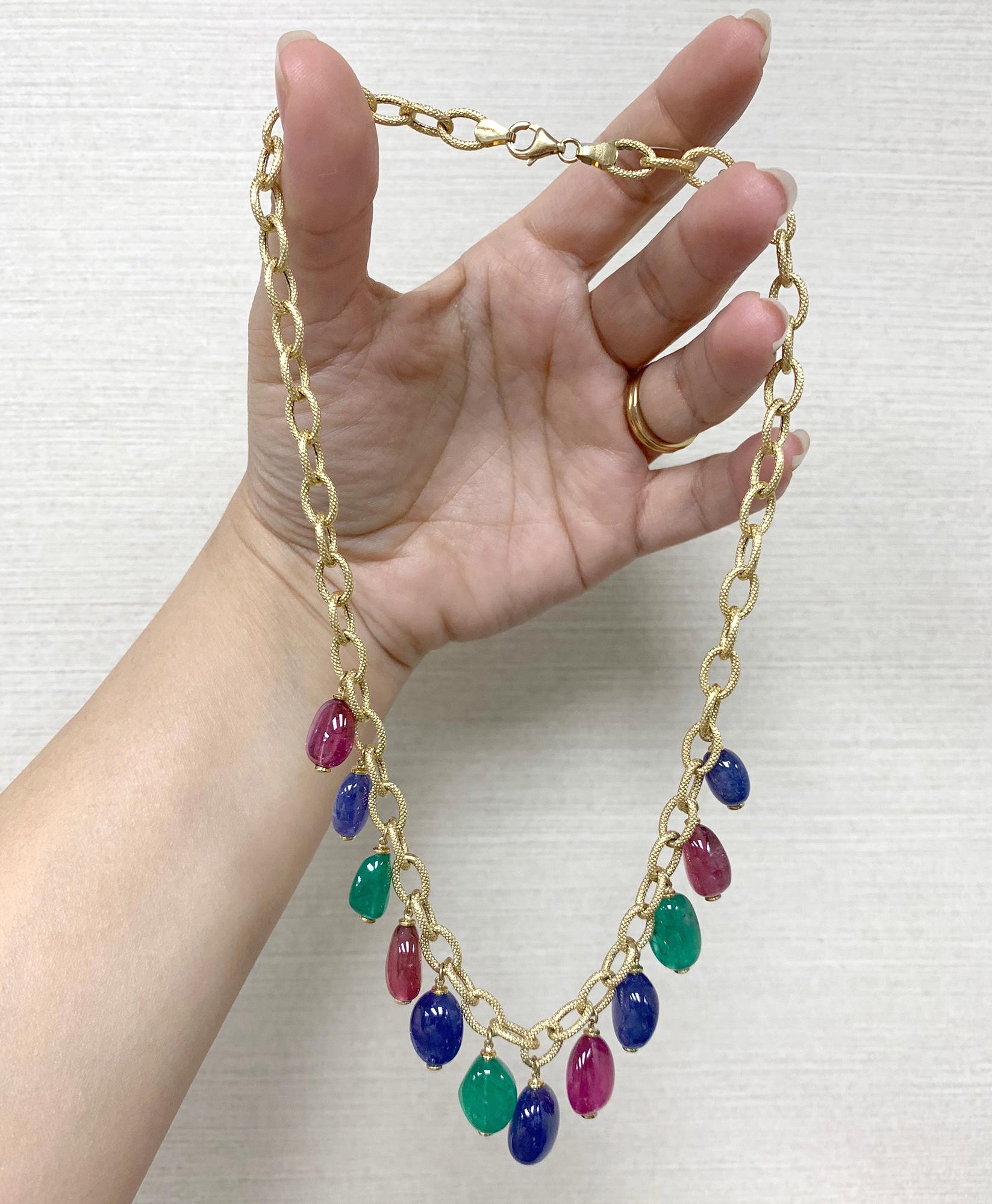 Goshwara Emerald, Tanzanite And Rubelite Tumble Bead Frosted Chain Necklace In New Condition In New York, NY