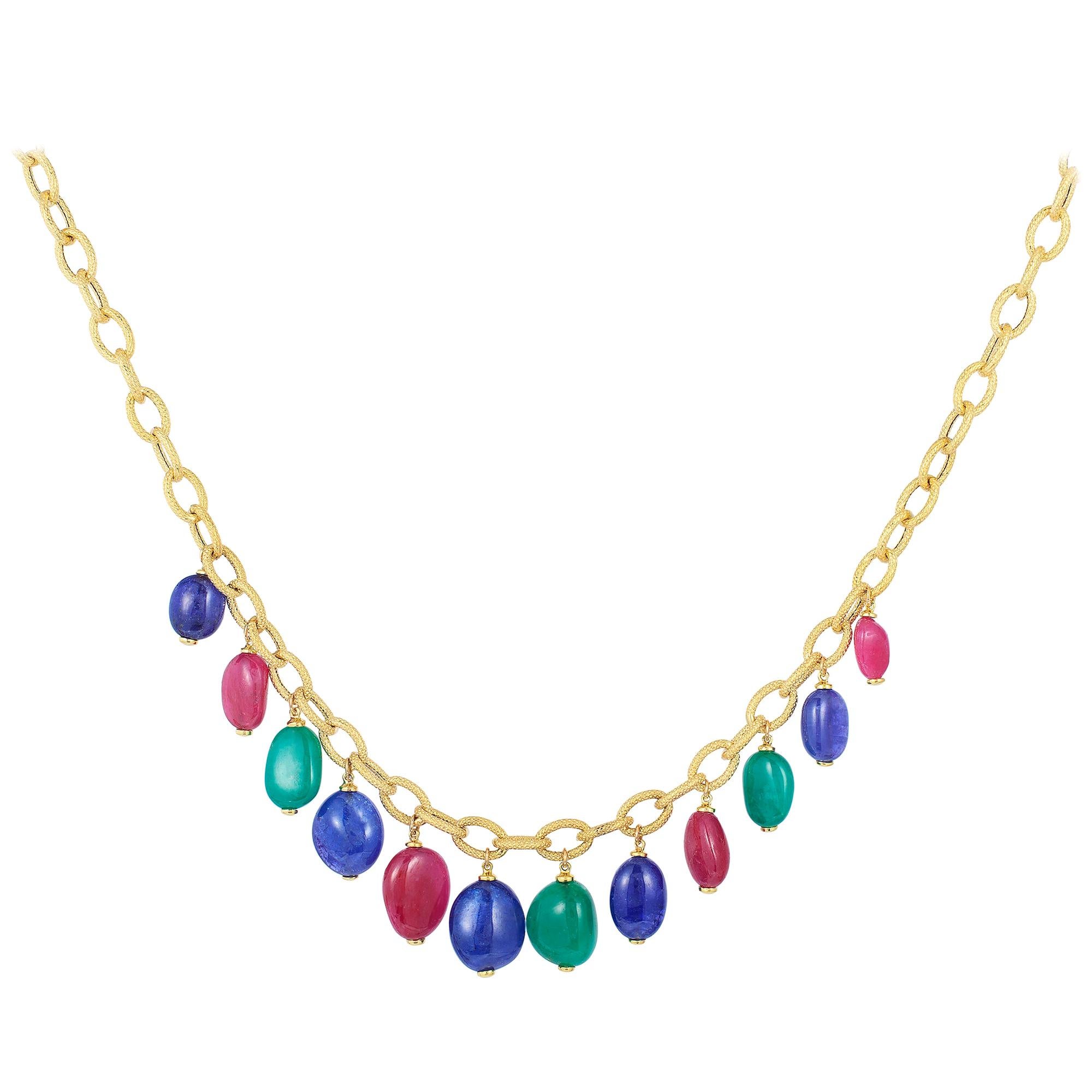 Goshwara Emerald, Tanzanite And Rubelite Tumble Bead Frosted Chain Necklace