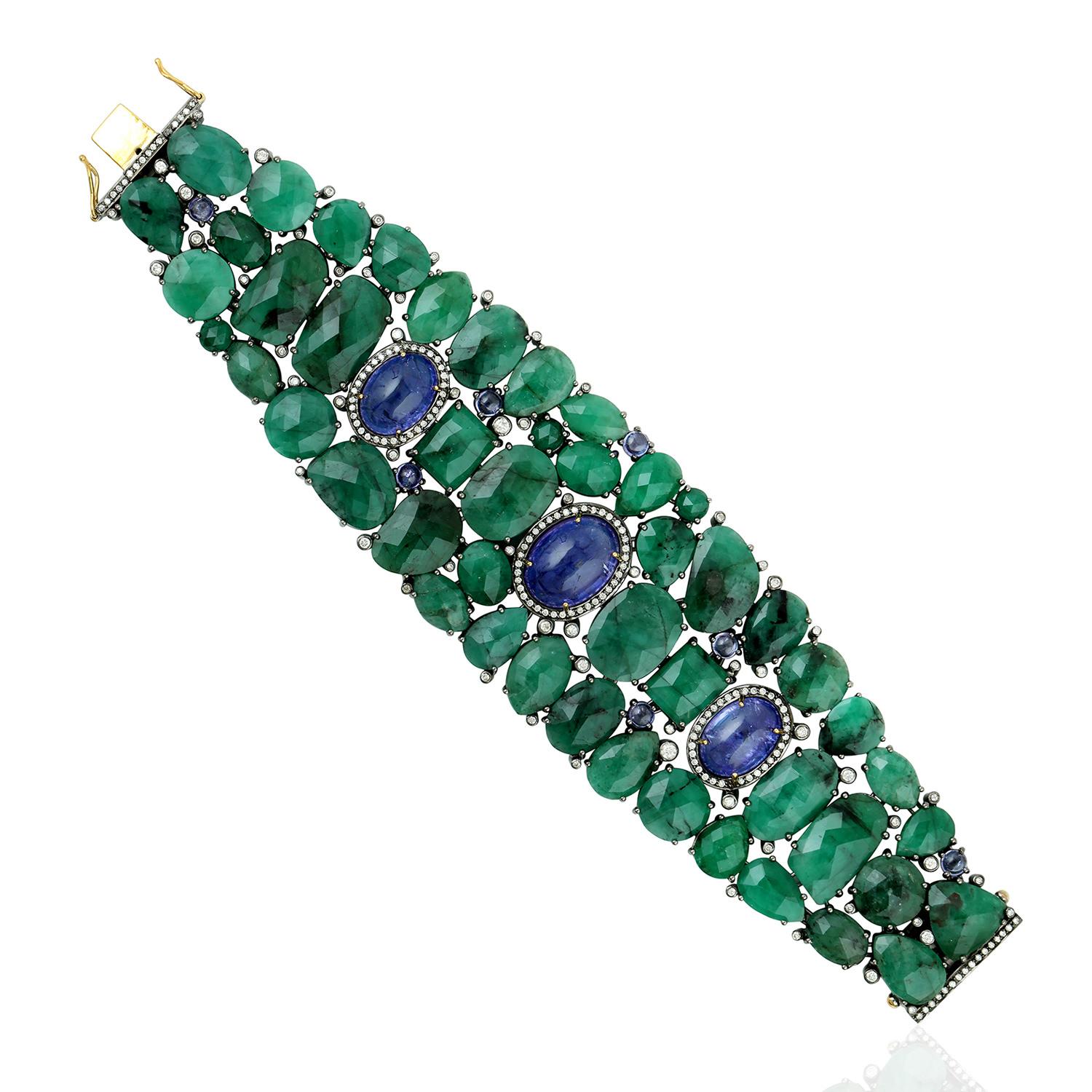 Mixed Cut Emerald Tanzanite Diamond Bracelet For Sale