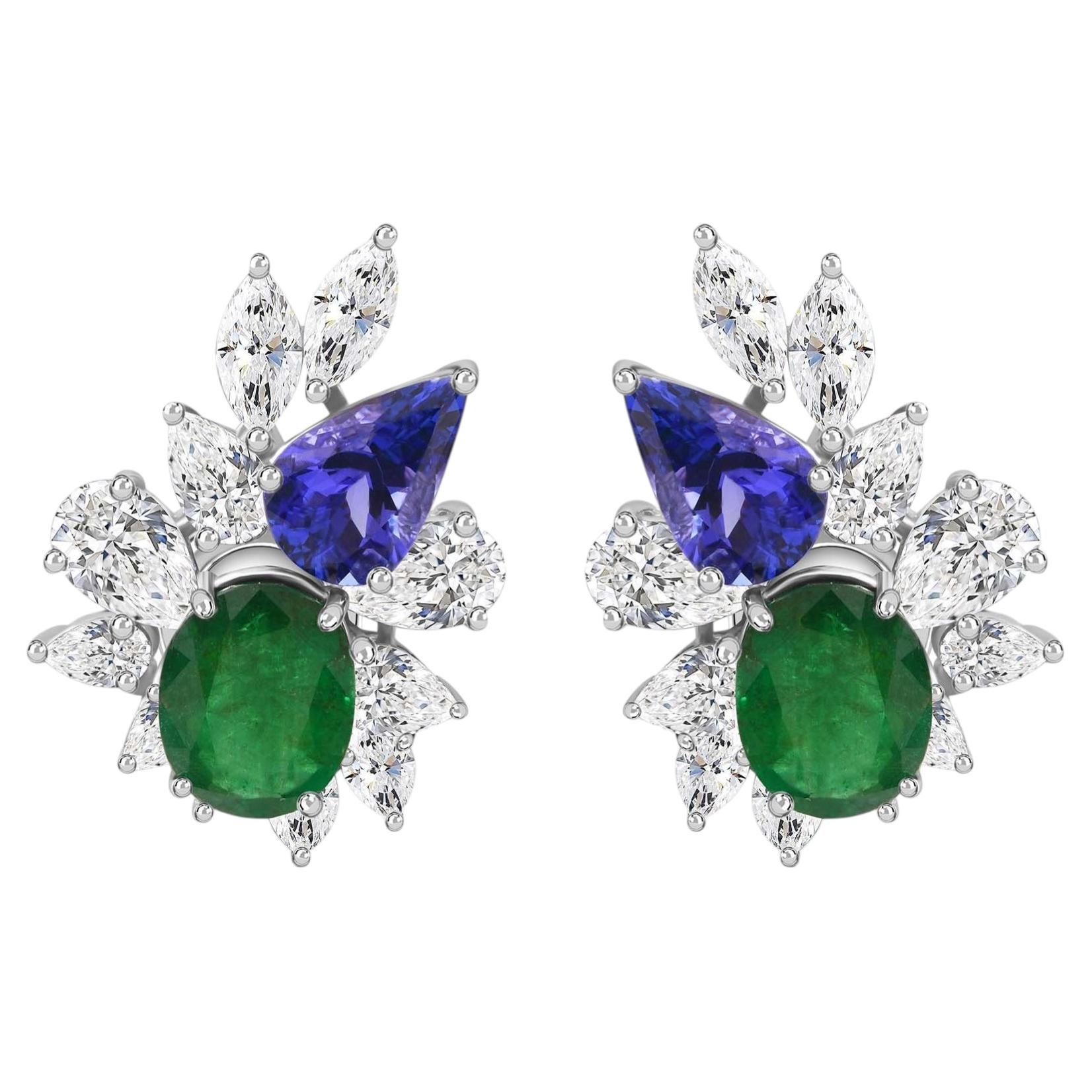 Floral Emerald Tanzanite Natural Diamond Earrings in 18K White Gold, 4.42 Ct.