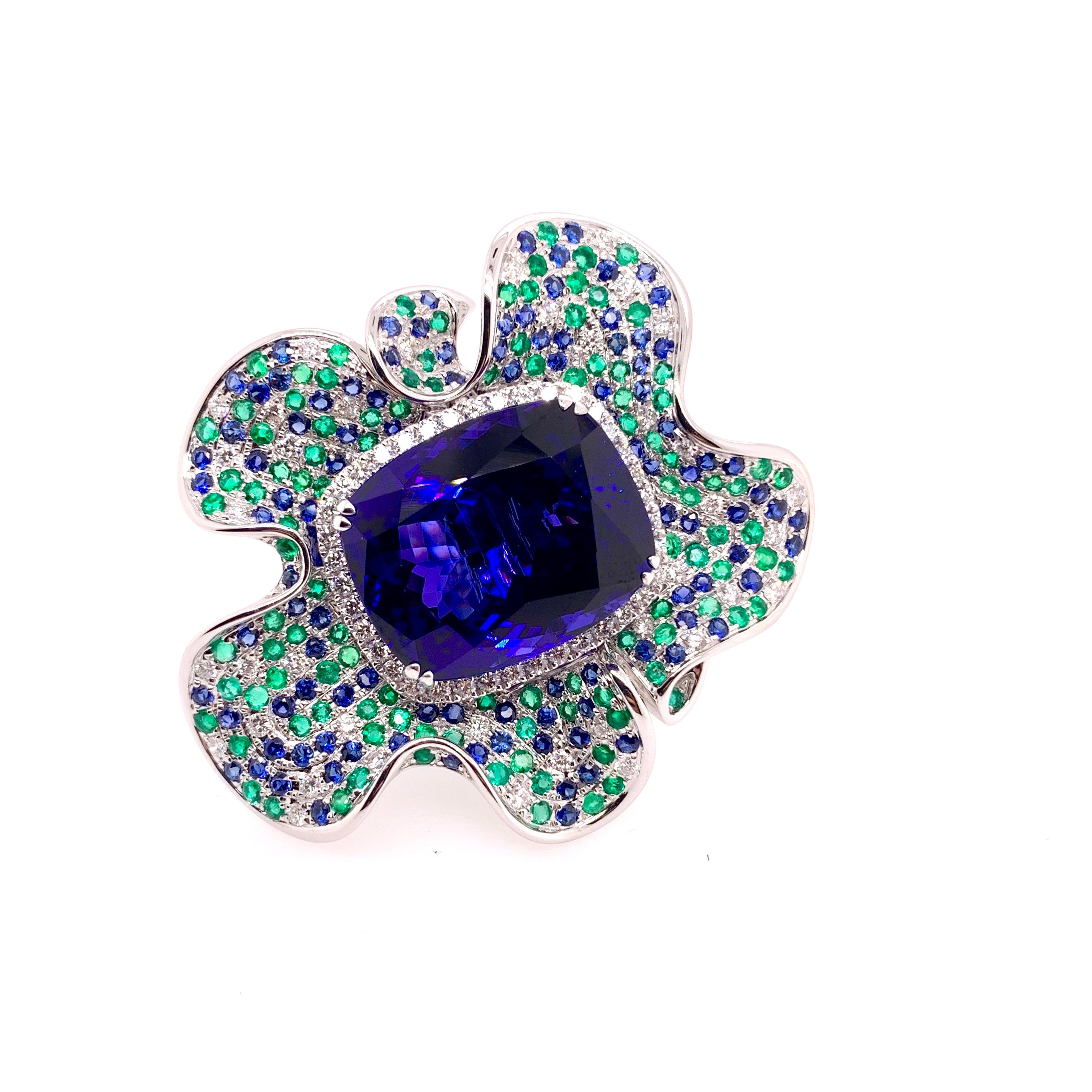 Cushion Cut Emerald Tanzanite Sapphire Diamond Convertible Ring into a Pendant For Sale