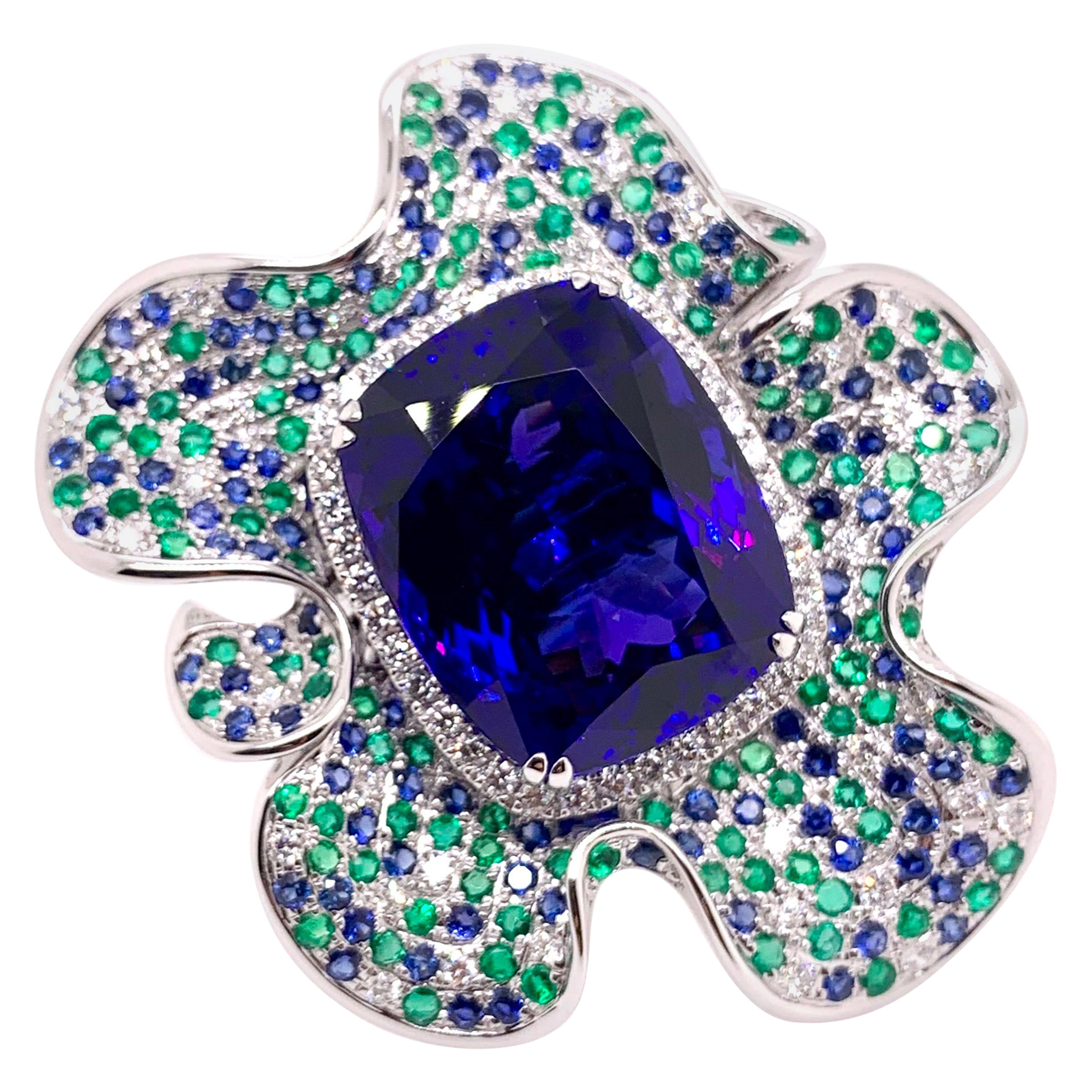 Emerald Tanzanite Sapphire Diamond Convertible Ring into a Pendant For Sale