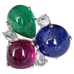 Emerald, Tanzanite, Tourmaline Cabochon & Rose Cut Diamonds Cocktail Ring