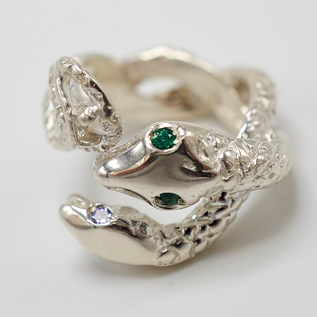 Emerald Cut Snake Ring Sterling Silver Emerald Tanzanite Cocktail Statement J Dauphin For Sale