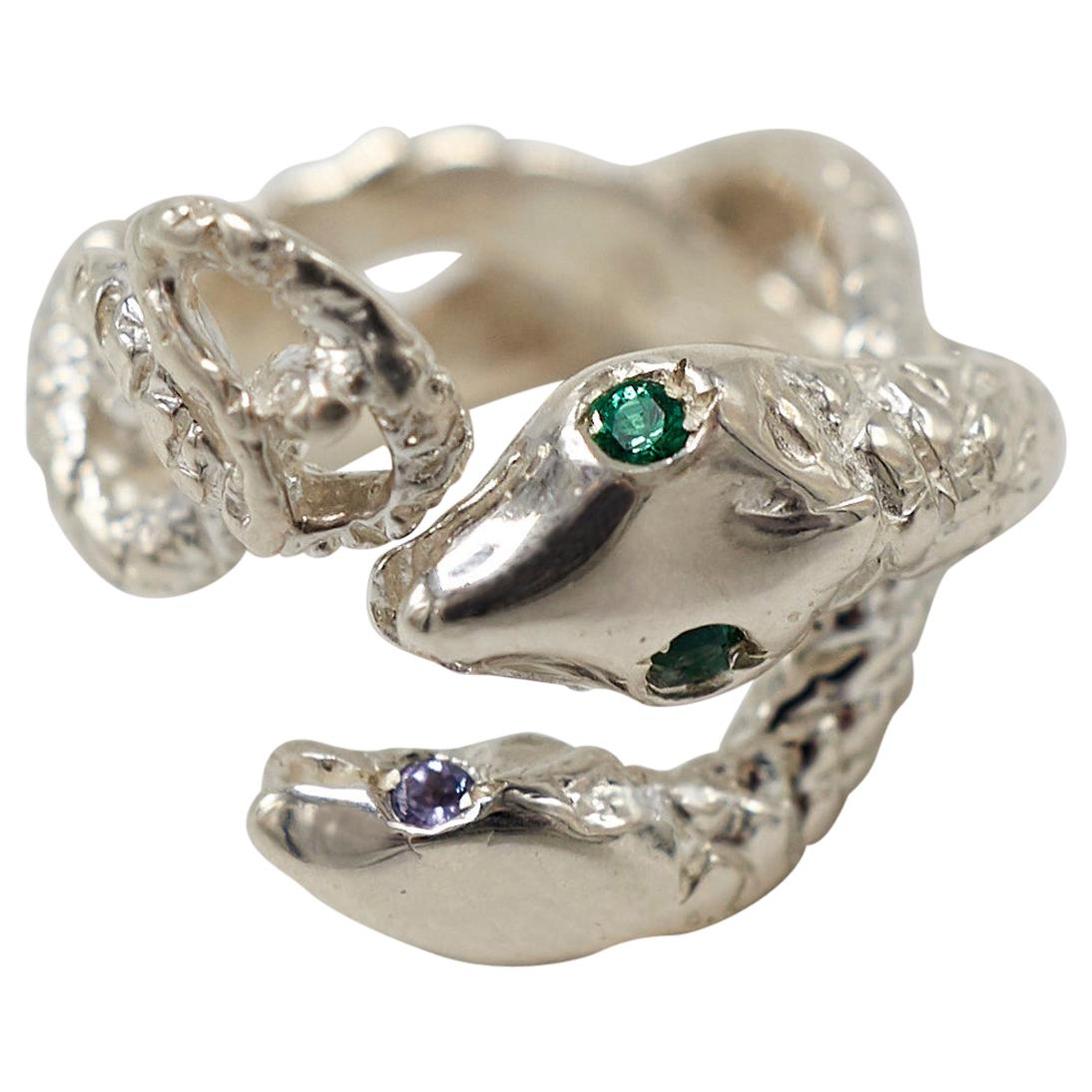 Snake Ring Sterling Silver Emerald Tanzanite Cocktail Statement J Dauphin For Sale