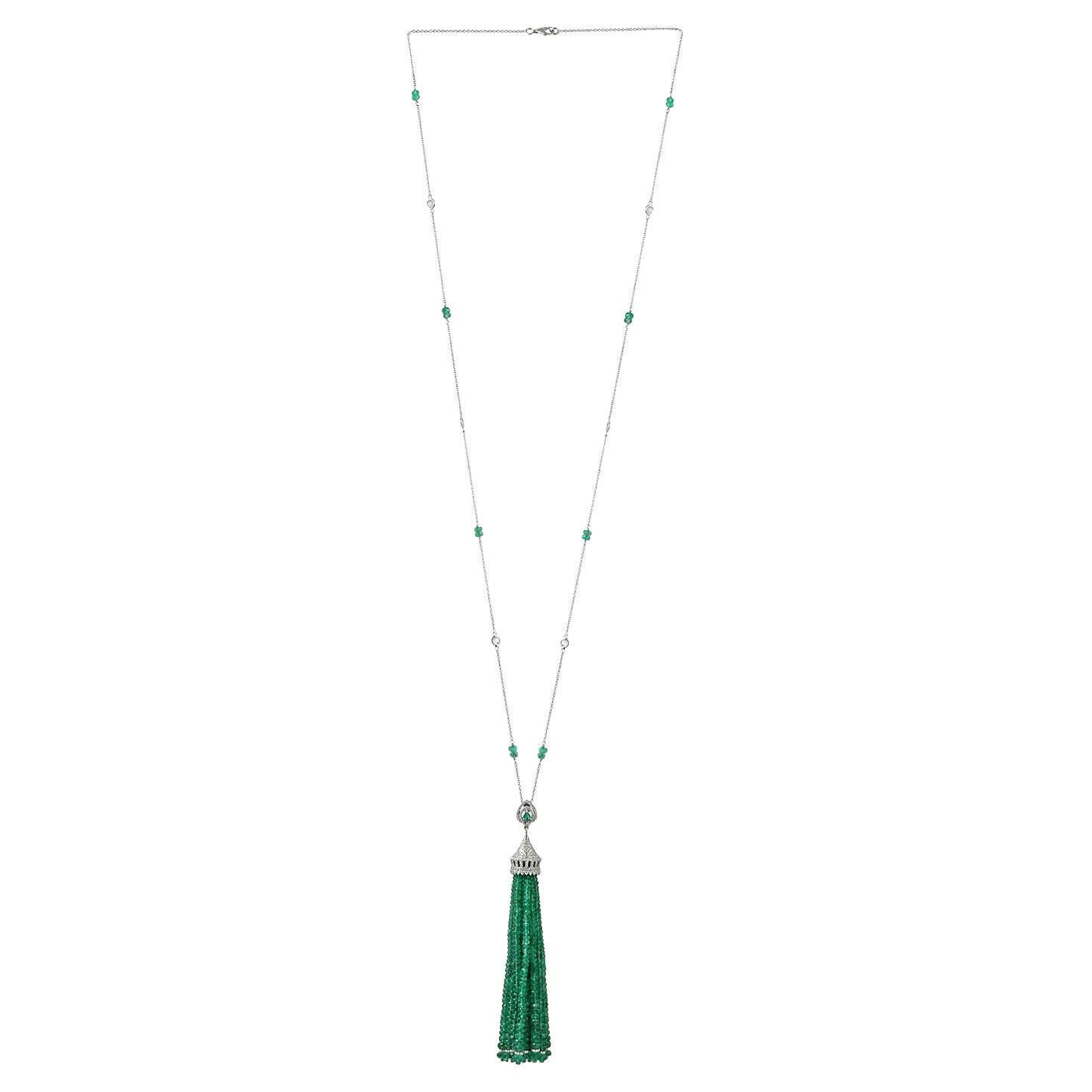 Emerald Tassel Chain Necklace With Diamonds Made In 18k White Gold