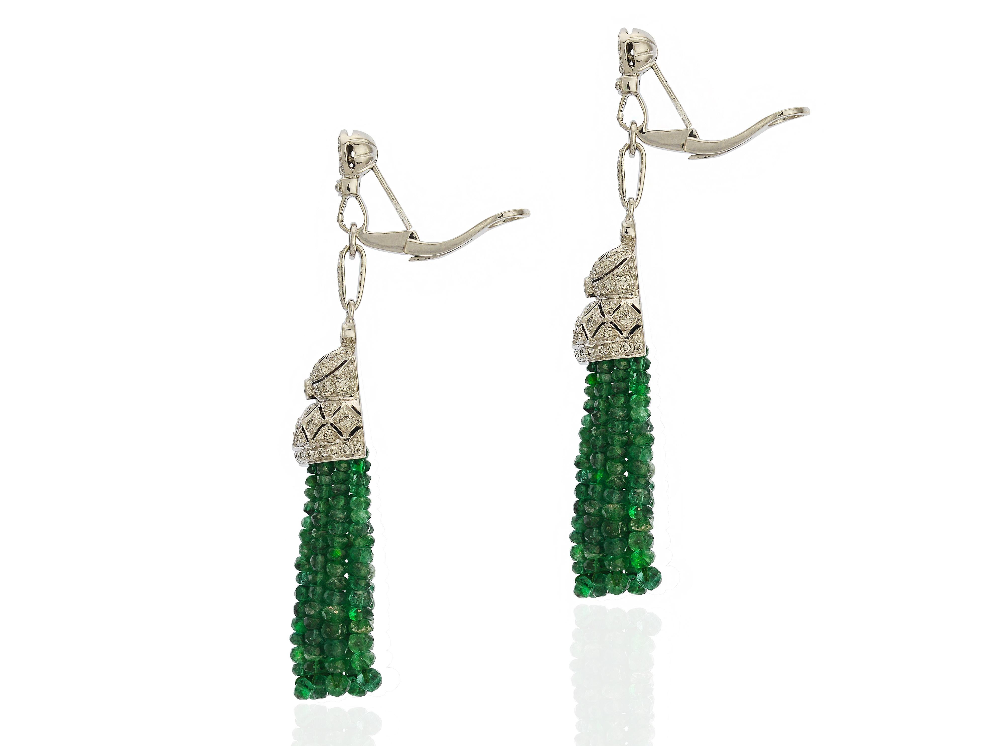 Round Cut Emerald Tassel & Diamond Dangle Earrings