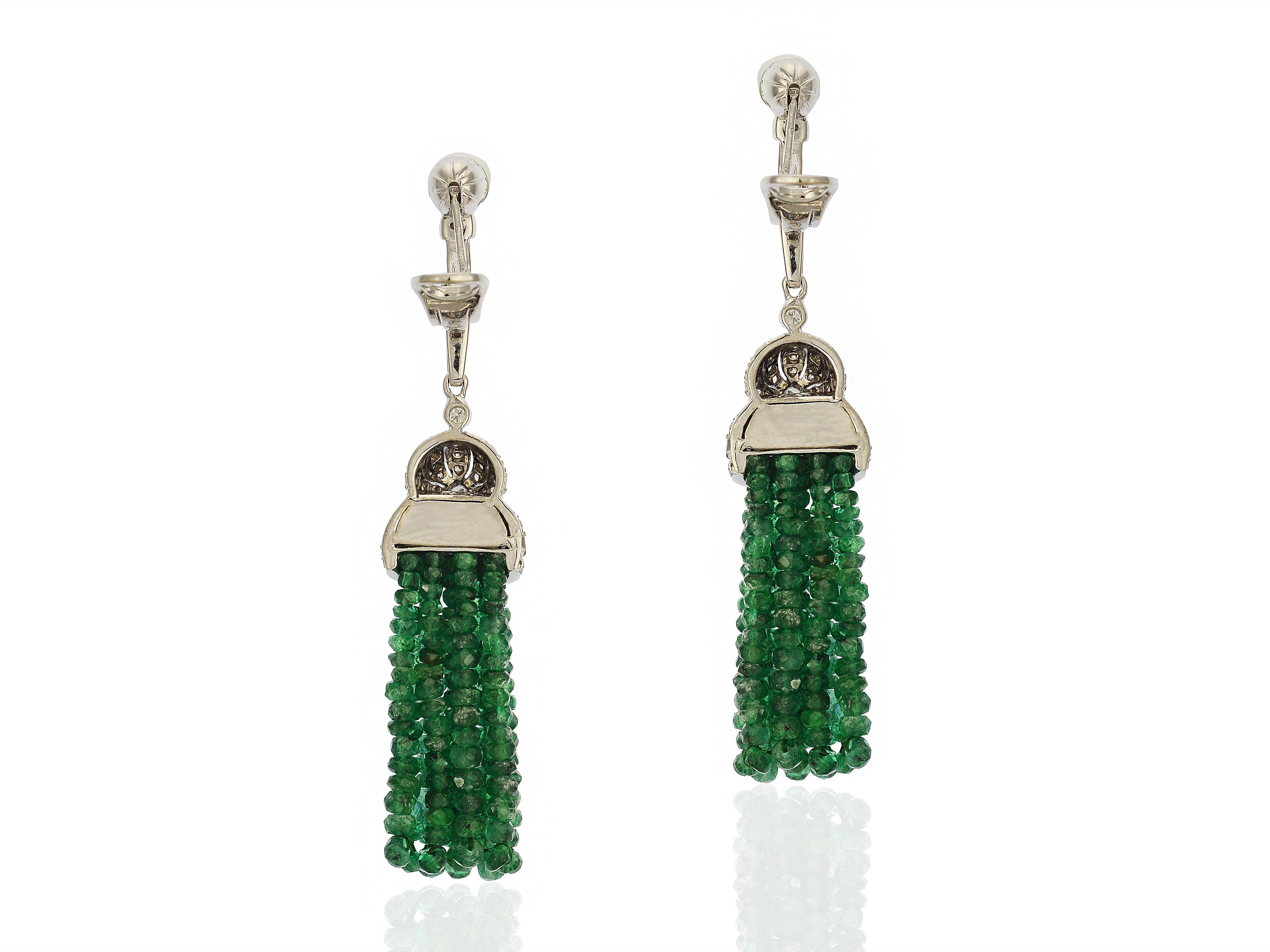 Emerald Tassel & Diamond Dangle Earrings In Good Condition In Coral Gables, FL