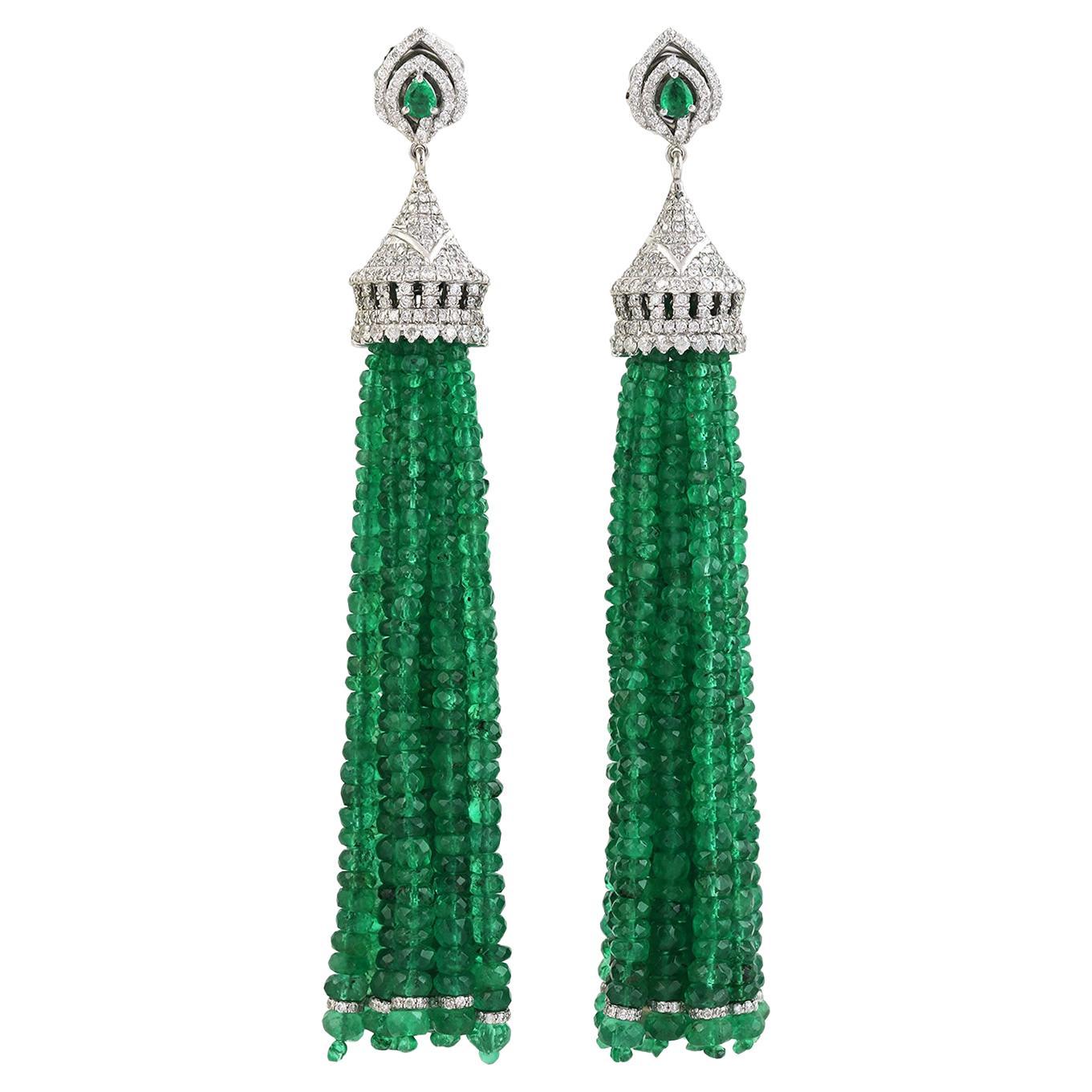 Emerald Tassel Earrings With Diamonds Made In 18k White Gold