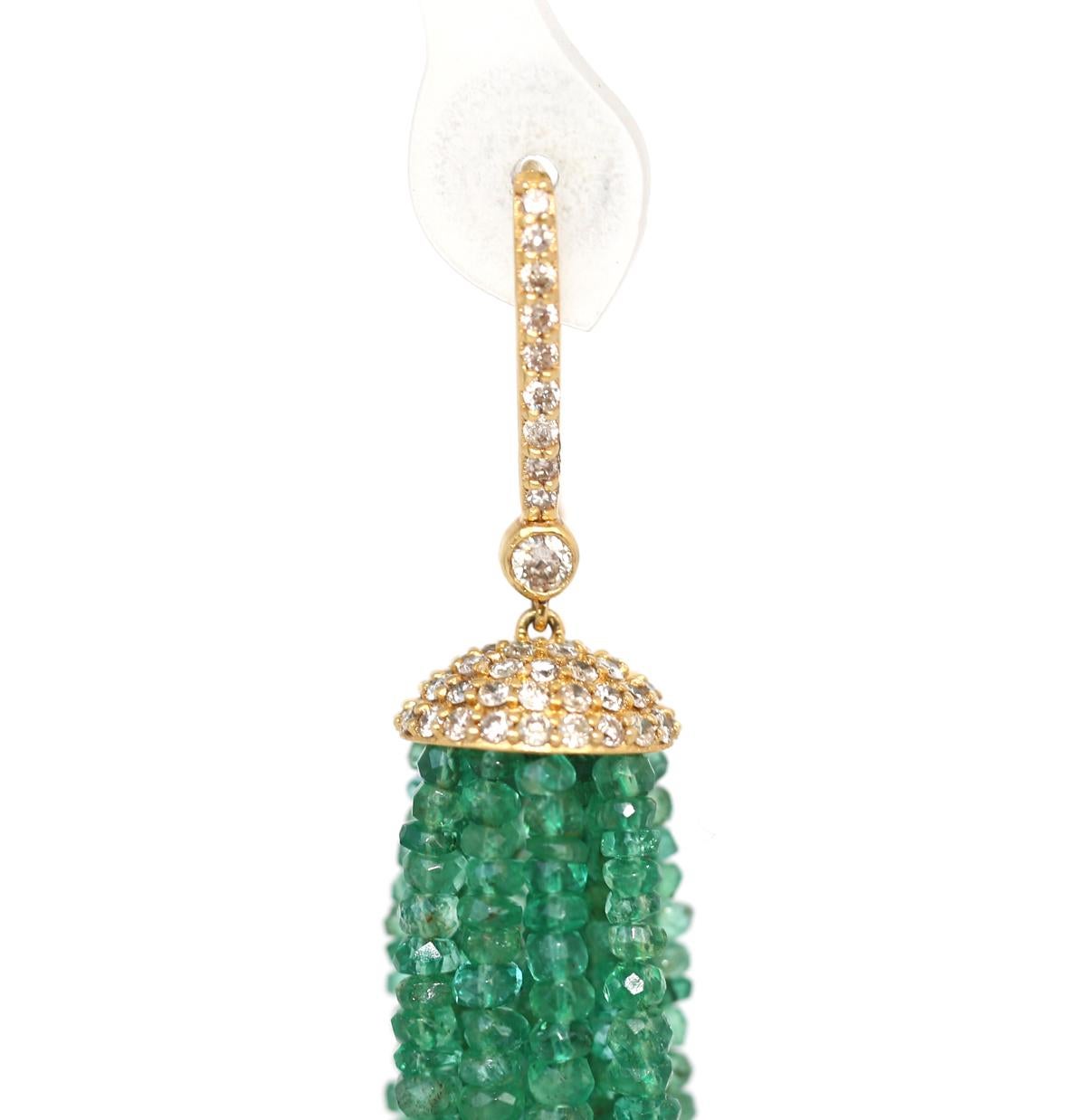 Women's Emerald Tassels Beads Diamonds Yellow Gold Earrings, 1970