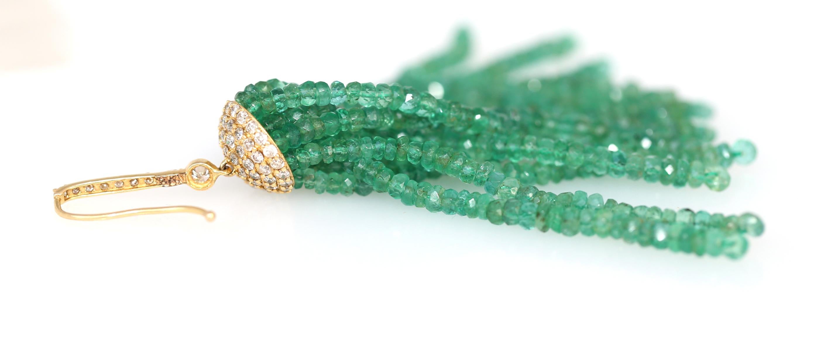 Emerald Tassels Beads Diamonds Yellow Gold Earrings, 1970 3