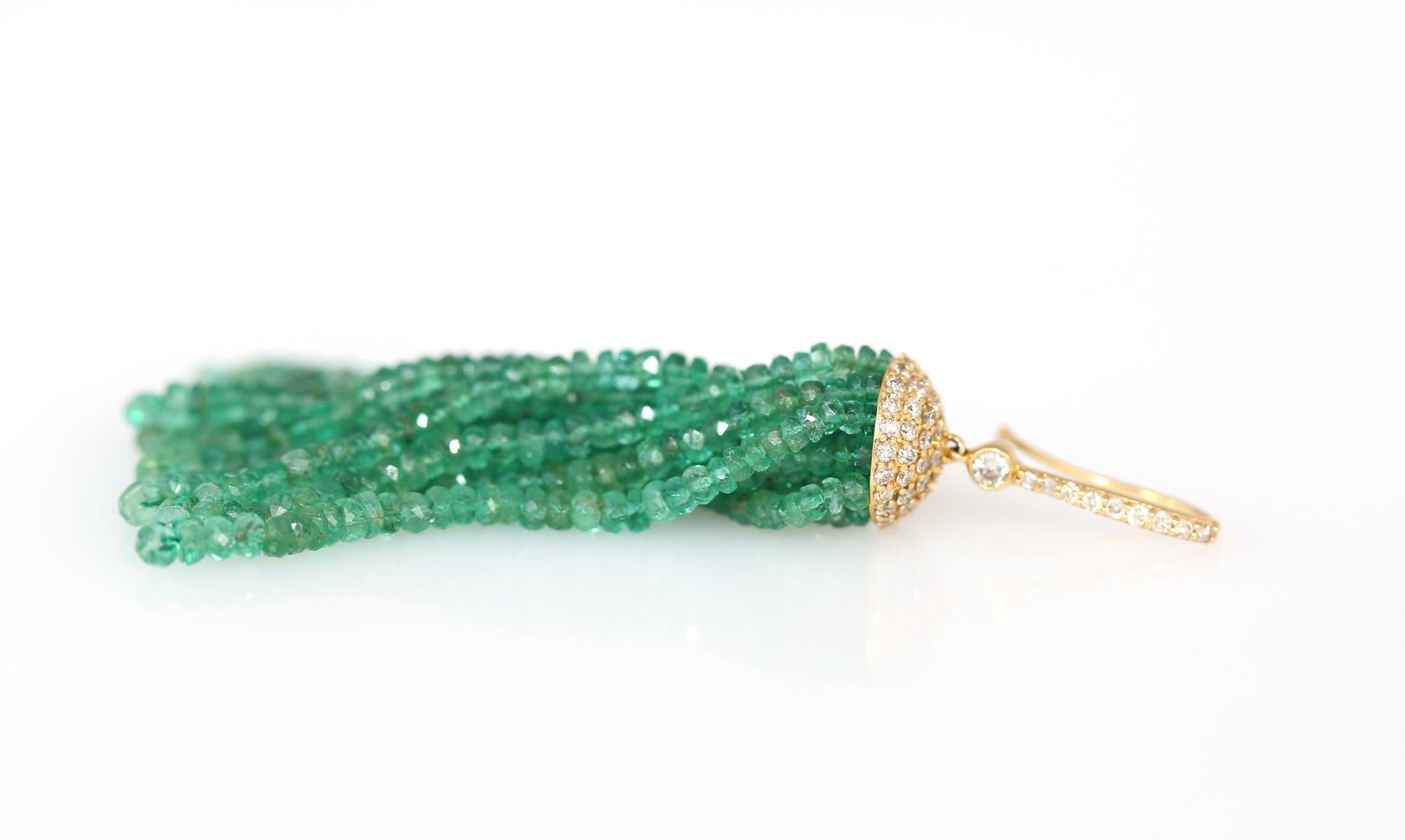 Emerald Tassels Beads Diamonds Yellow Gold Earrings, 1970 4