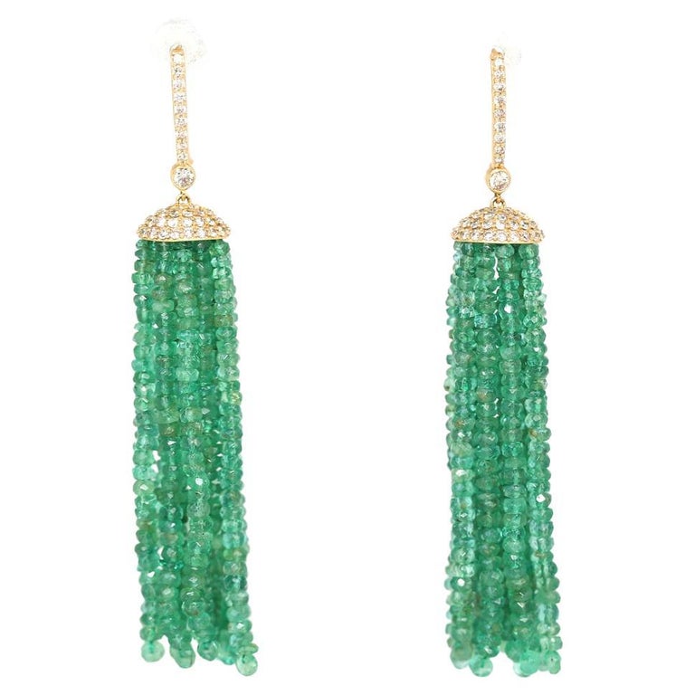Emerald Tassels Beads Diamonds Yellow Gold Earrings, 1970 For Sale at 1stDibs