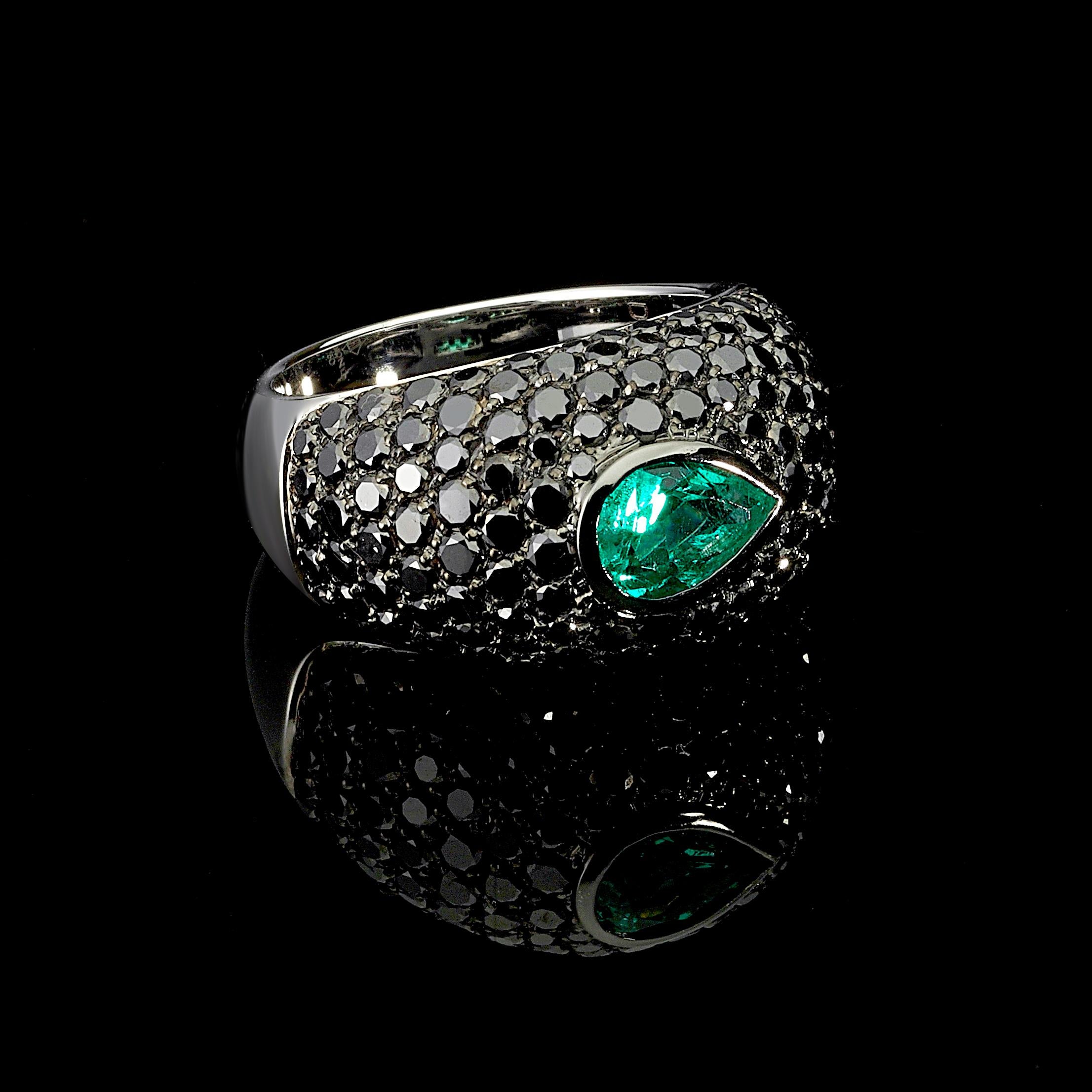 For Sale:  18k White Gold Pave  Black Diamond and Emerald Pear Cocktail Ring 2