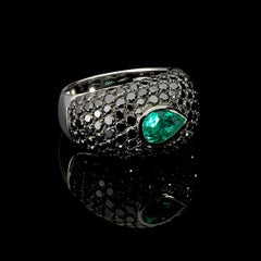 18k White Gold Pave  Black Diamond and Emerald Pear Cocktail Ring