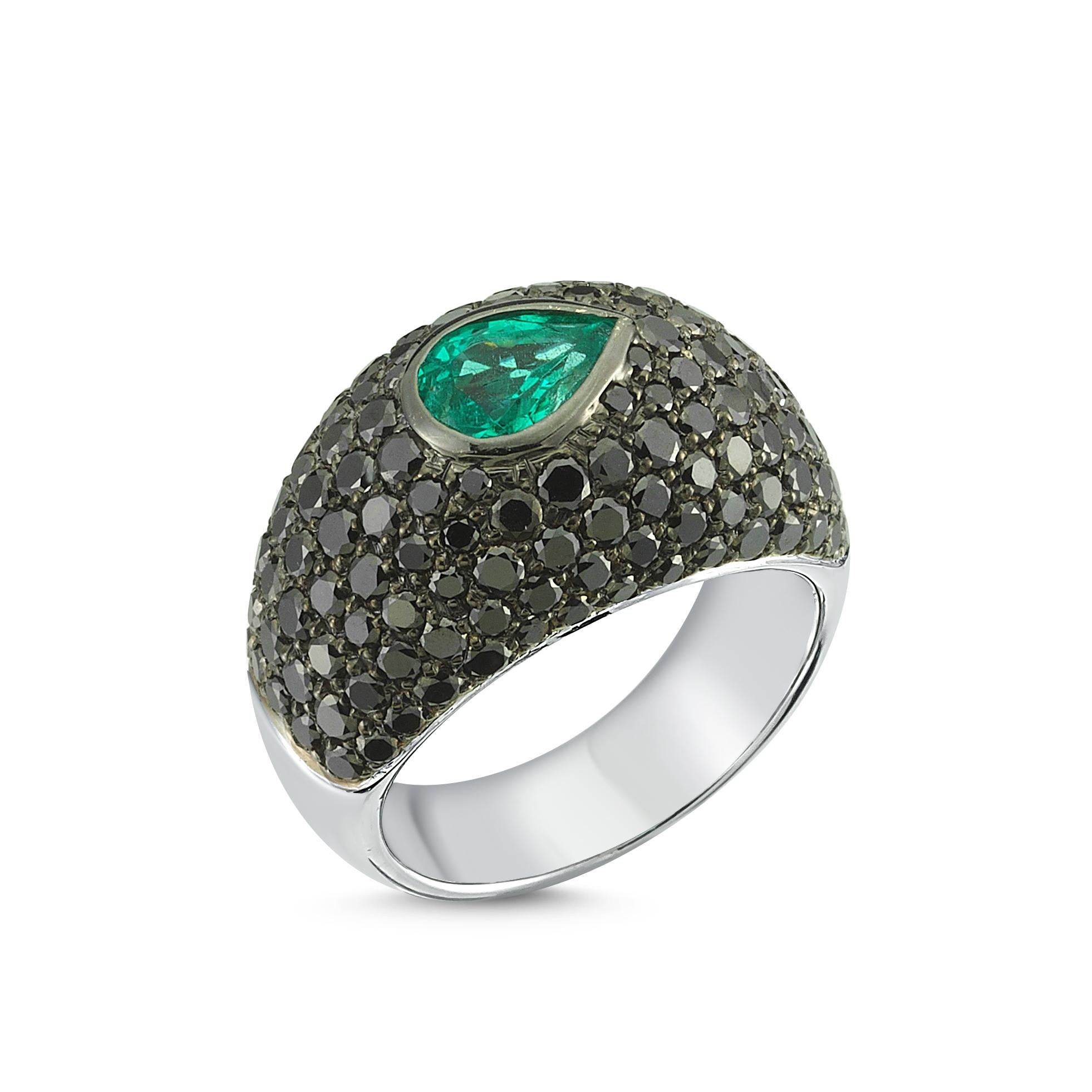For Sale:  18k White Gold Pave  Black Diamond and Emerald Pear Cocktail Ring 3