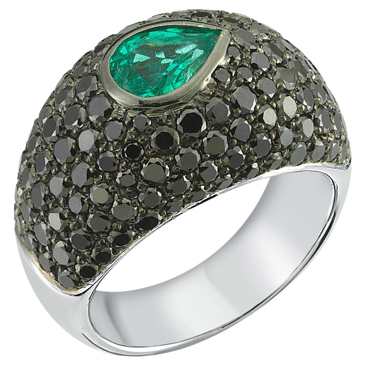 18k White Gold Pave  Black Diamond and Emerald Pear Cocktail Ring