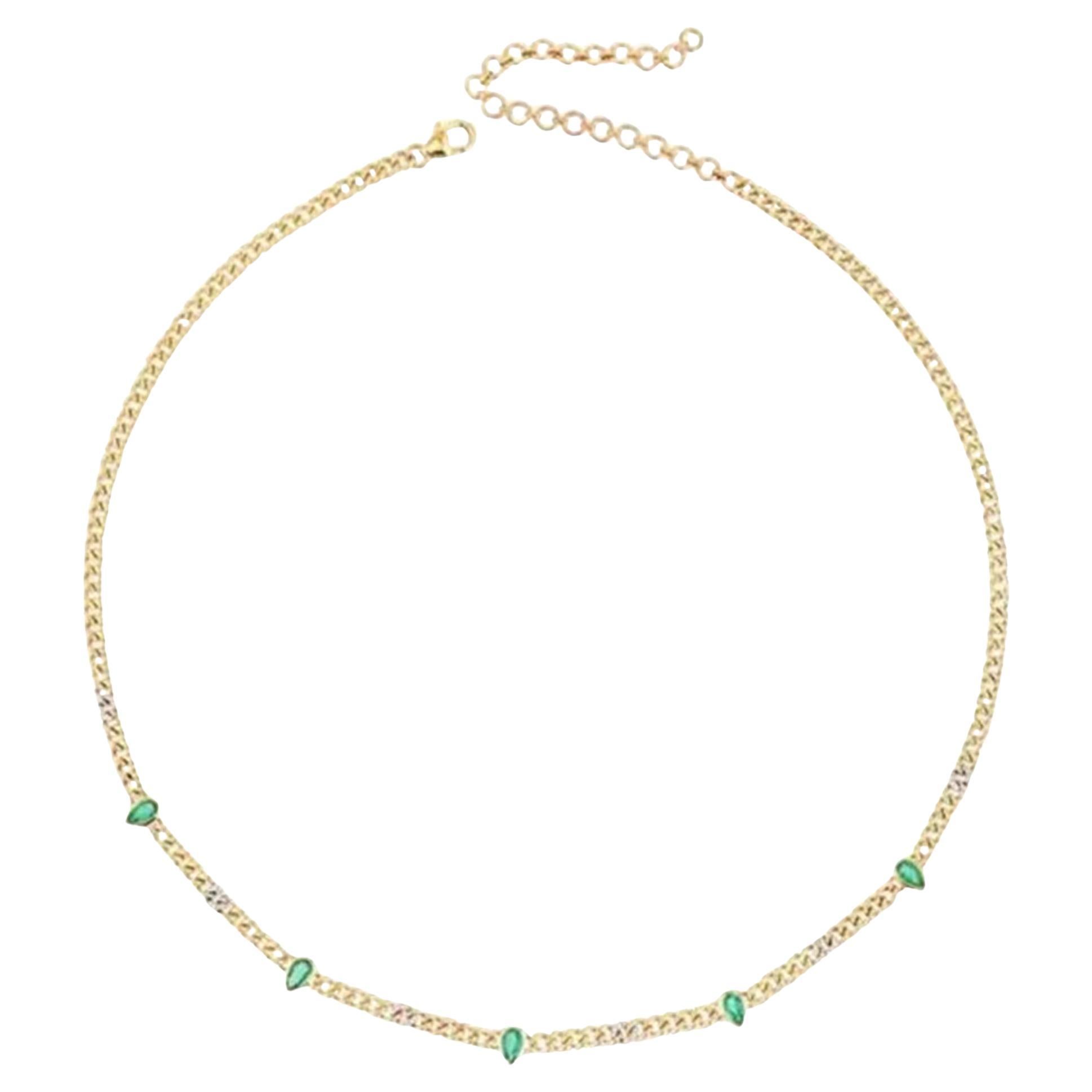 0.96ct Emerald Teardrop & 0.10ct Diamond 14K Yellow Gold Chain Necklace