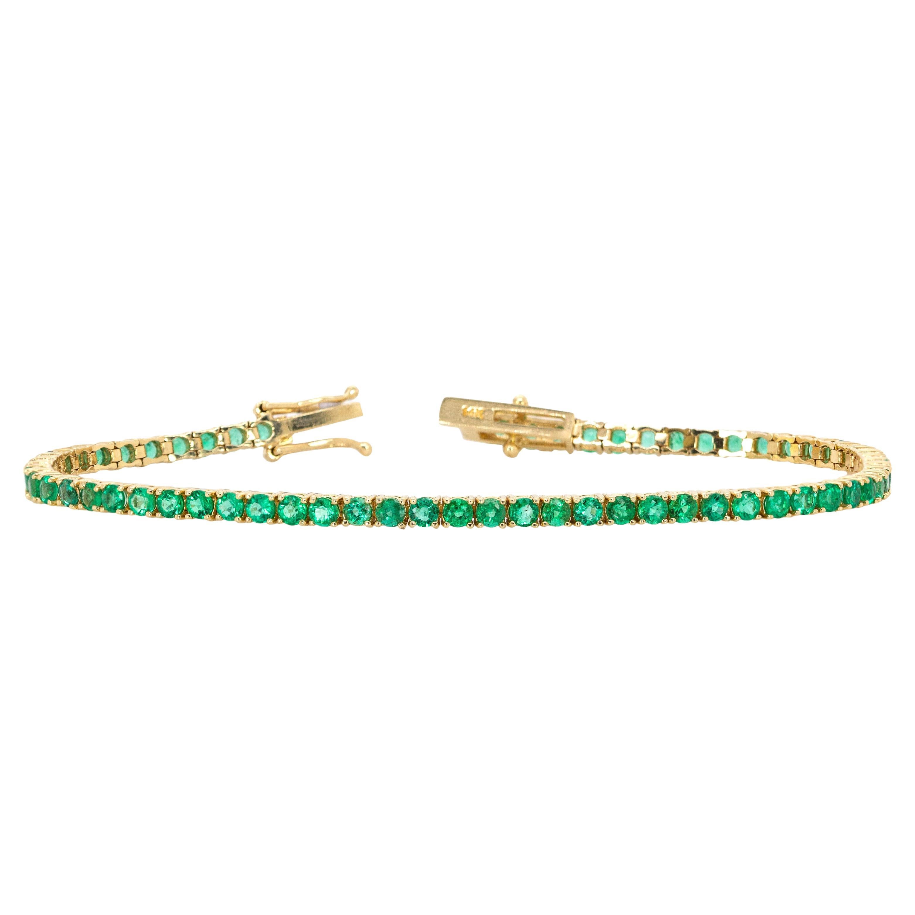 Pulsera Tenis Esmeralda en Oro Amarillo Macizo de 14 K: Cierre de Caja  Redondo 2,5 mm