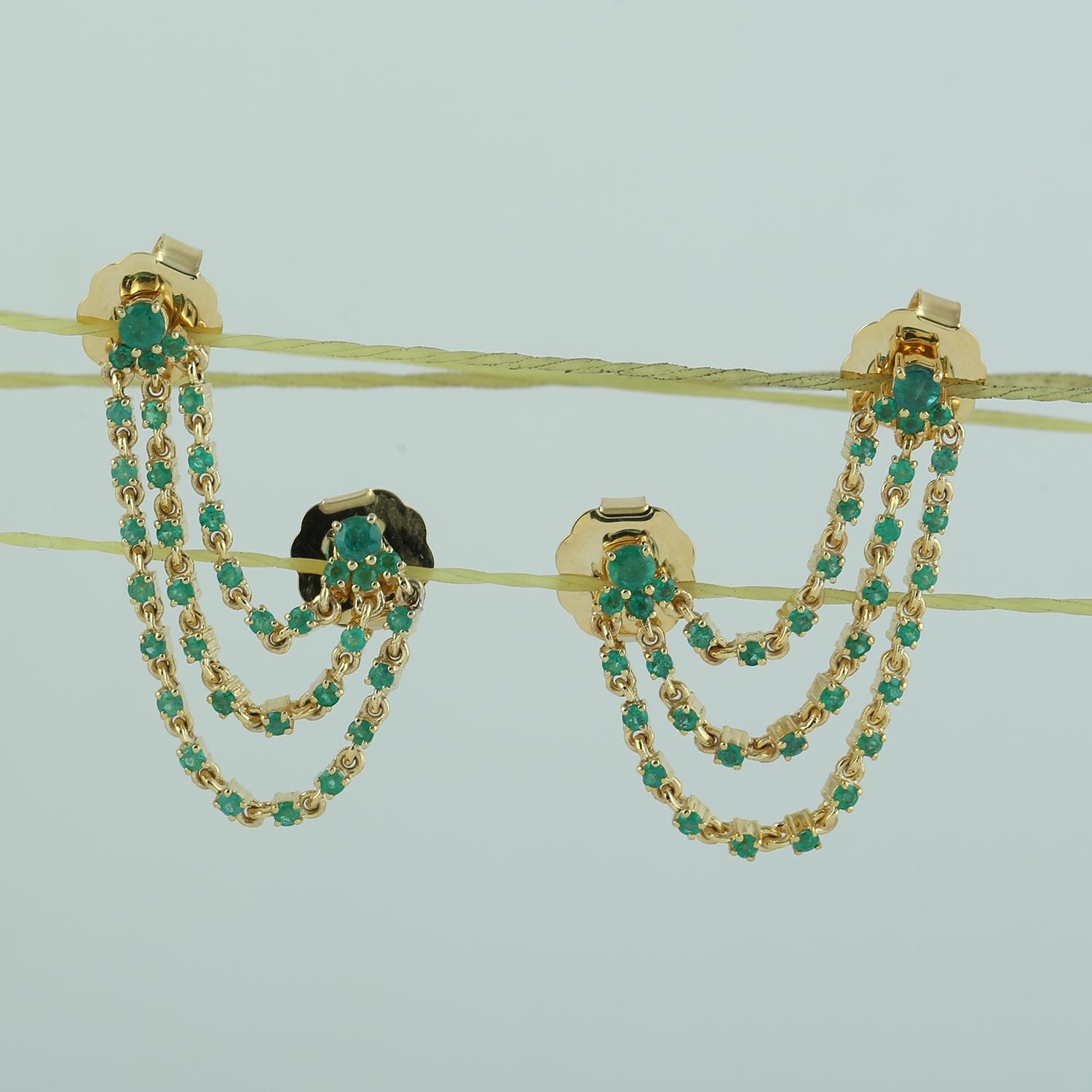 Contemporary Emerald Thread Earrings Made In 14K Yellow Gold For Sale